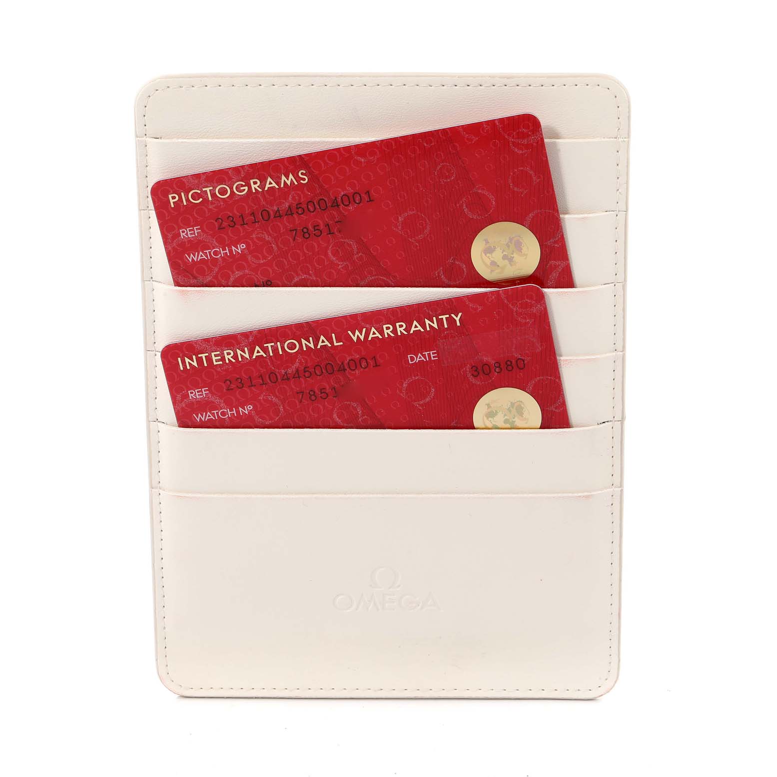 The image shows Omega Aqua Terra 231.10.44.50.04.001 Men's Stainless Steel White Dial 231.10.44.50.04.001 Men's Stainless Steel White Dial model warranty and pictogram cards inside a white cardholder.