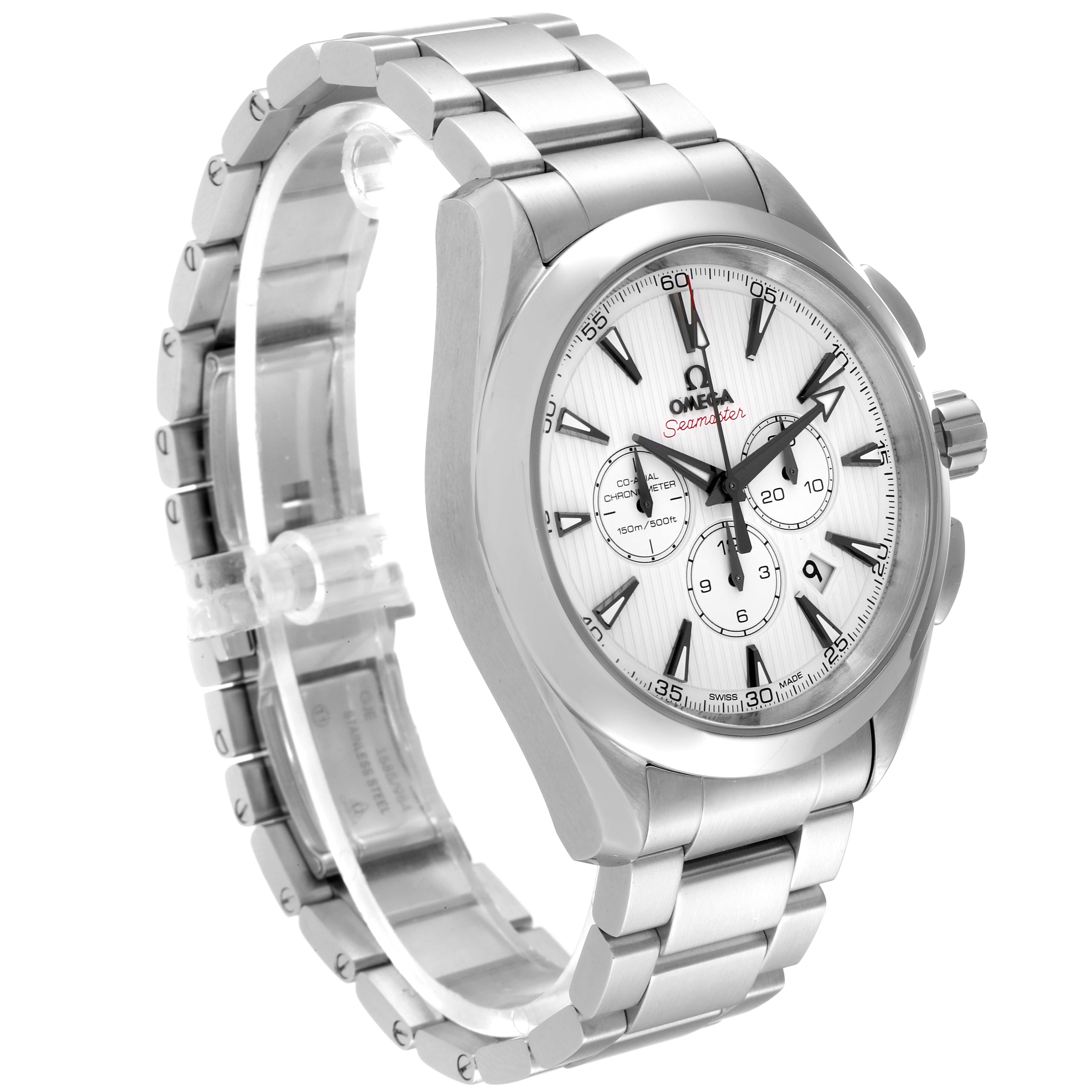 The image shows a stainless steel Omega Aqua Terra 231.10.44.50.04.001 Men's Stainless Steel White Dial 231.10.44.50.04.001 Men's Stainless Steel White Dial watch angled from the front-left, highlighting the dial and bracelet.