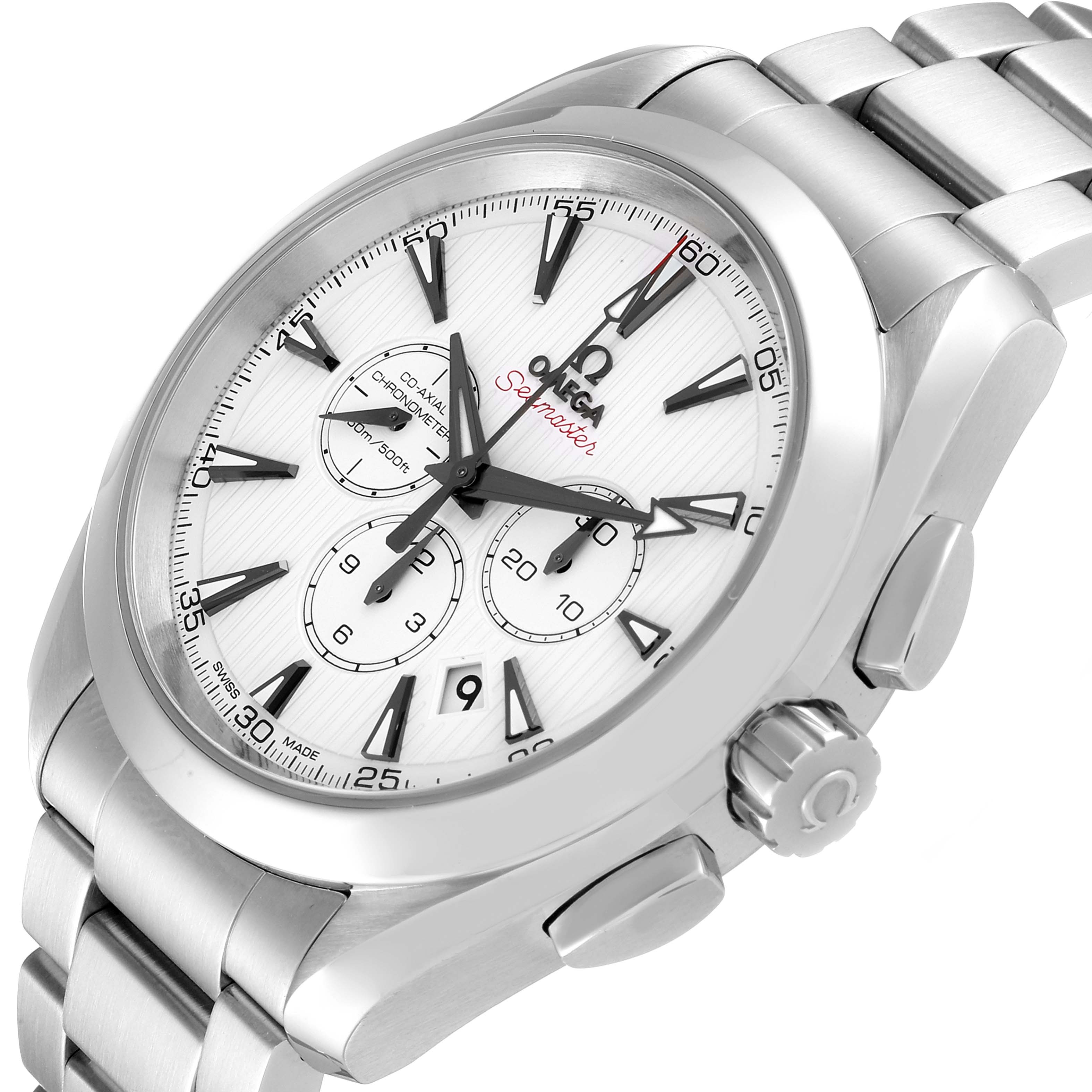 This image shows the Omega Aqua Terra 231.10.44.50.04.001 Men's Stainless Steel White Dial 231.10.44.50.04.001 Men's Stainless Steel White Dial watch at a slight angle, featuring the face, bezel, crown, and part of the bracelet.