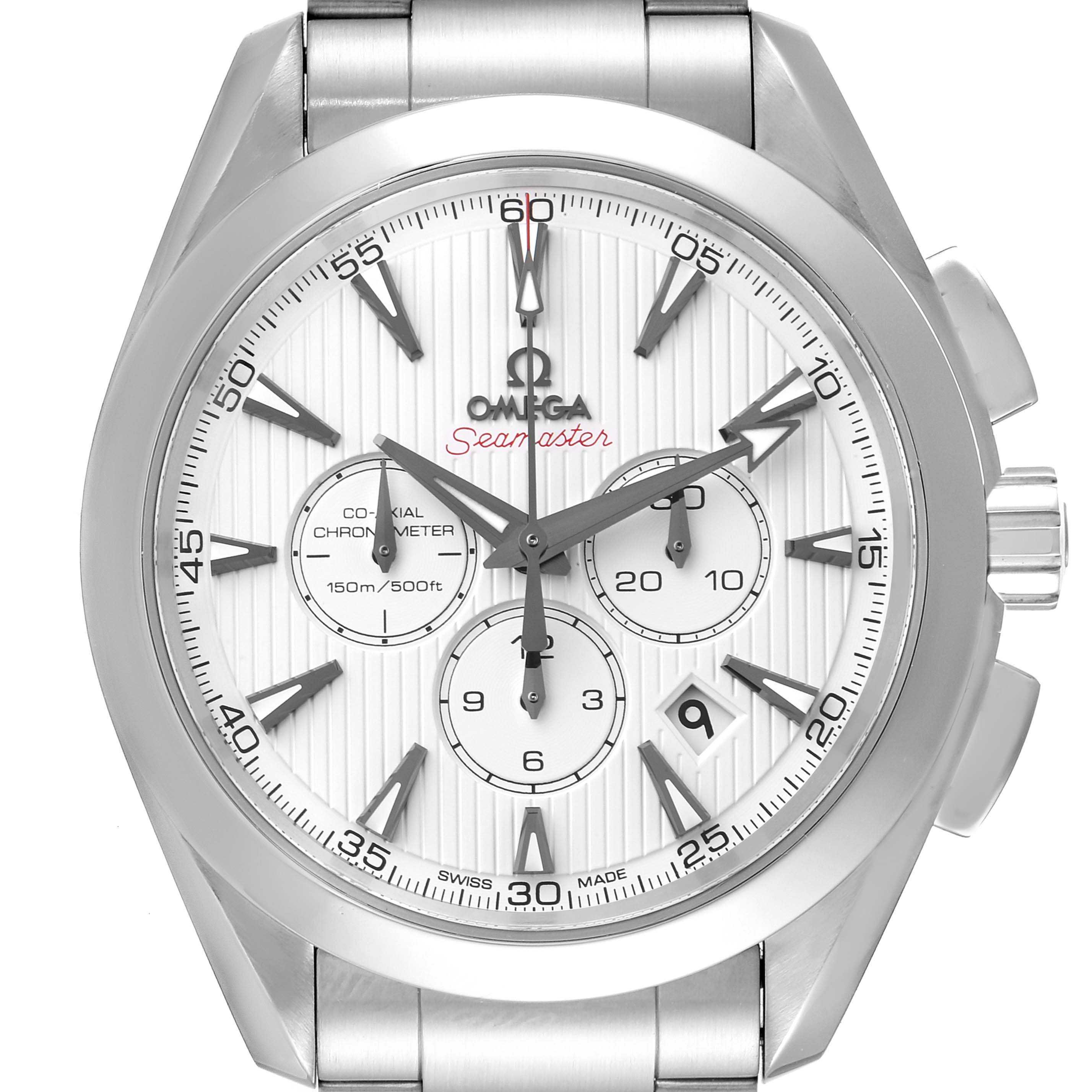 The image shows the face and some side buttons of the Omega Aqua Terra 231.10.44.50.04.001 Men's Stainless Steel White Dial 231.10.44.50.04.001 Men's Stainless Steel White Dial Seamaster watch at a front angle.