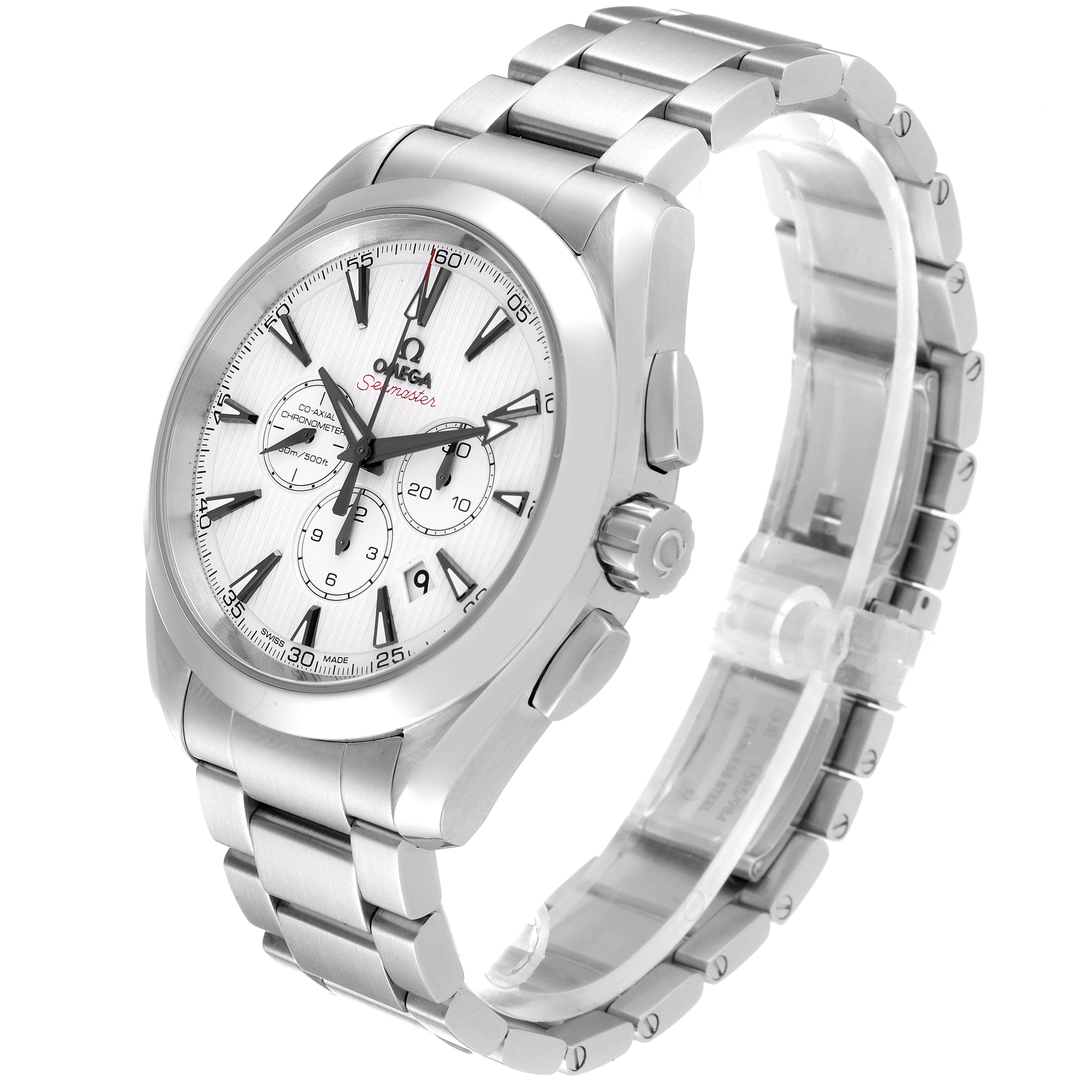 The Omega Aqua Terra 231.10.44.50.04.001 Men's Stainless Steel White Dial 231.10.44.50.04.001 Men's Stainless Steel White Dial model watch is shown at a three-quarter view, highlighting its face, bezel, and metal band.