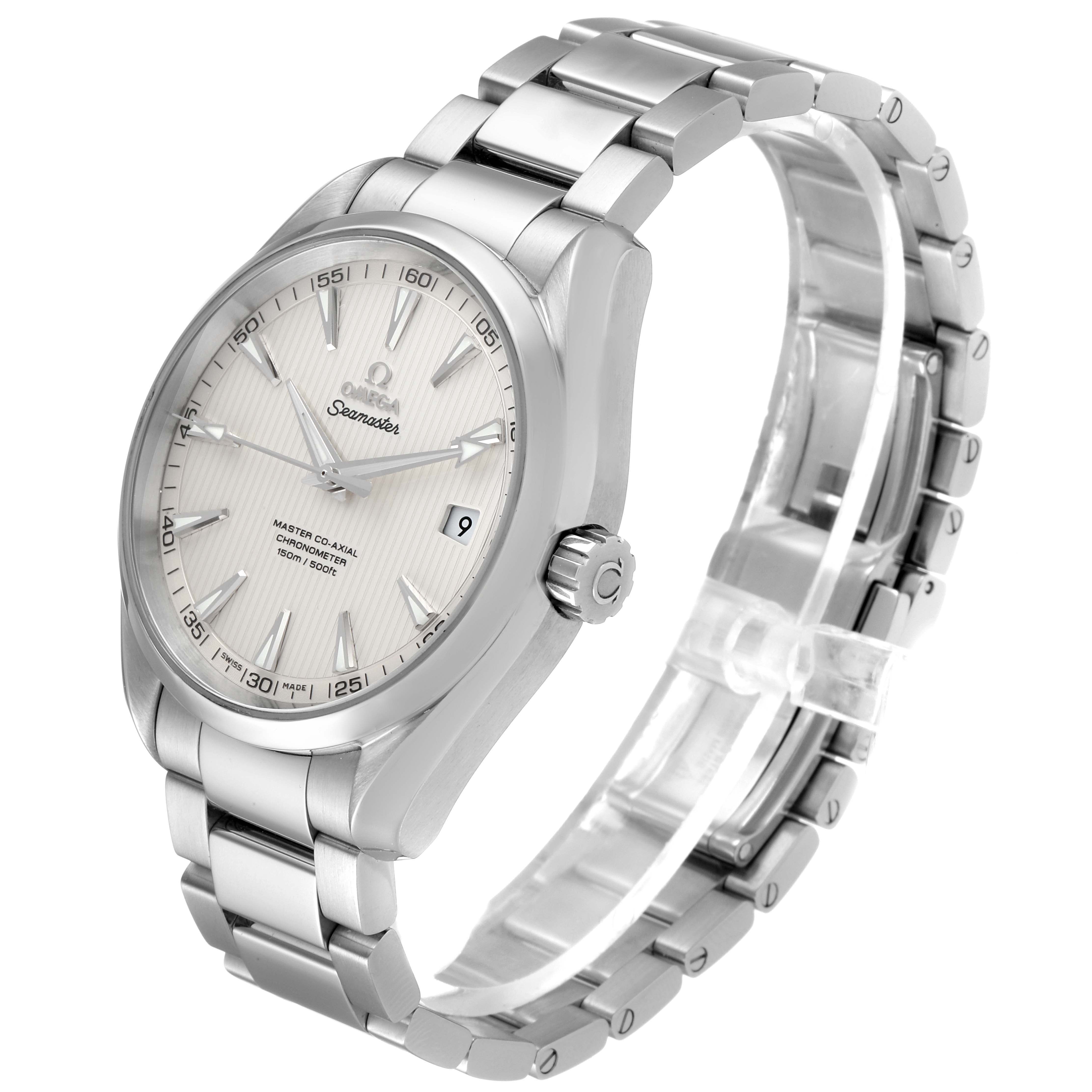 The Omega Aqua Terra 231.10.42.21.02.003 Men's Stainless Steel Silver Dial 231.10.42.21.02.003 Men's Stainless Steel Silver Dial watch is shown at an angle that highlights the face, band, and crown, emphasizing its design and details.