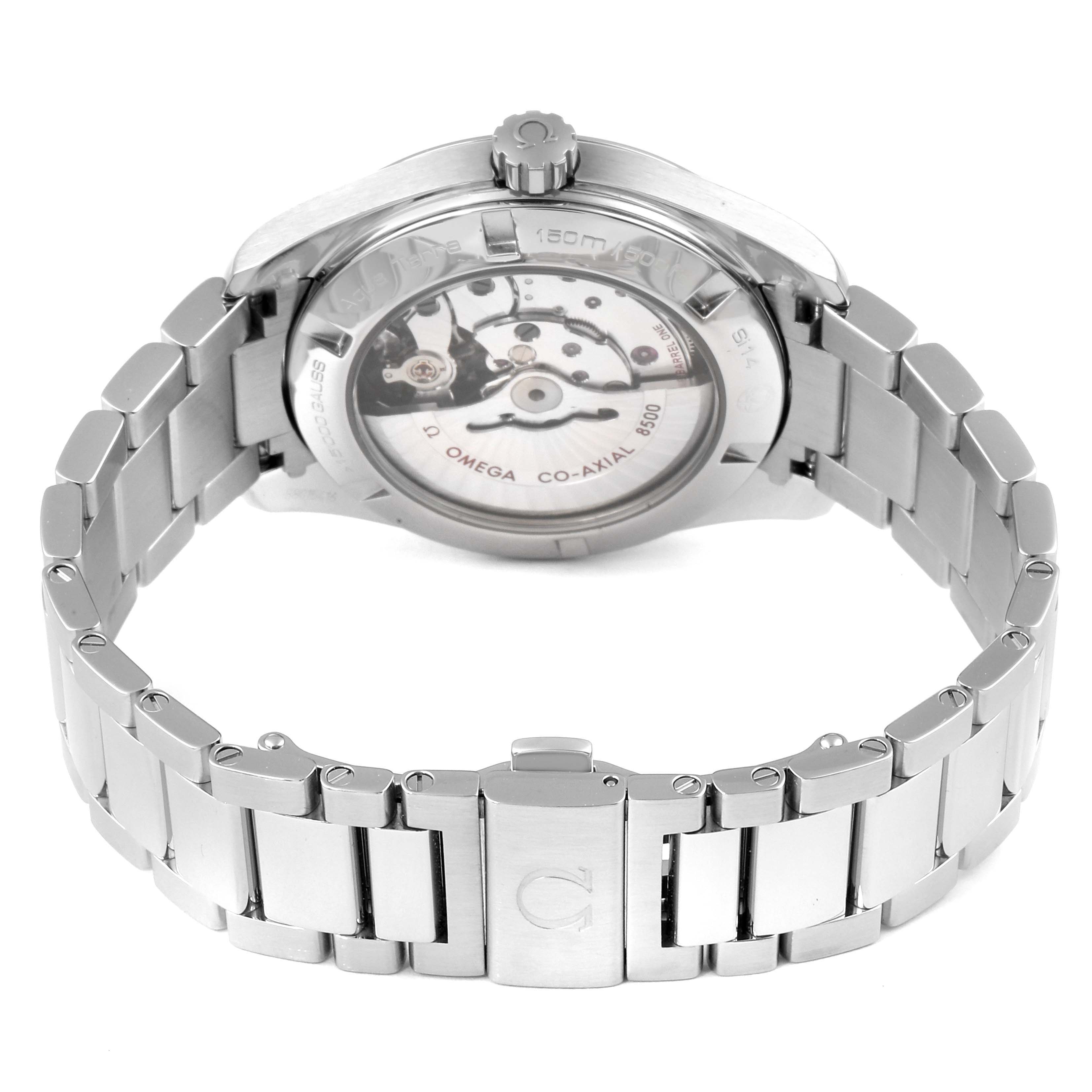 The image shows the back view of the Omega Aqua Terra 231.10.42.21.02.003 Men's Stainless Steel Silver Dial 231.10.42.21.02.003 Men's Stainless Steel Silver Dial watch, highlighting its exposed automatic movement and metal bracelet.