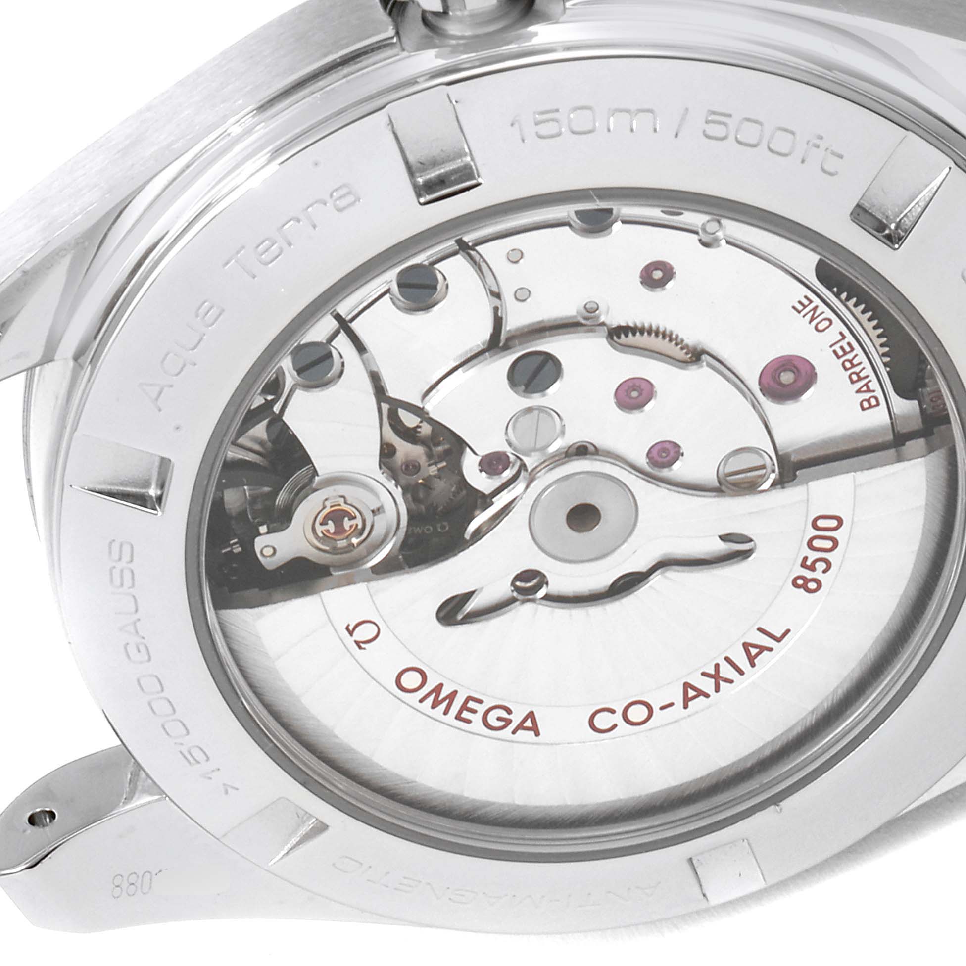 The image shows the case back and movement of the Omega Aqua Terra 231.10.42.21.02.003 Men's Stainless Steel Silver Dial 231.10.42.21.02.003 Men's Stainless Steel Silver Dial watch, highlighting the Co-Axial escapement.