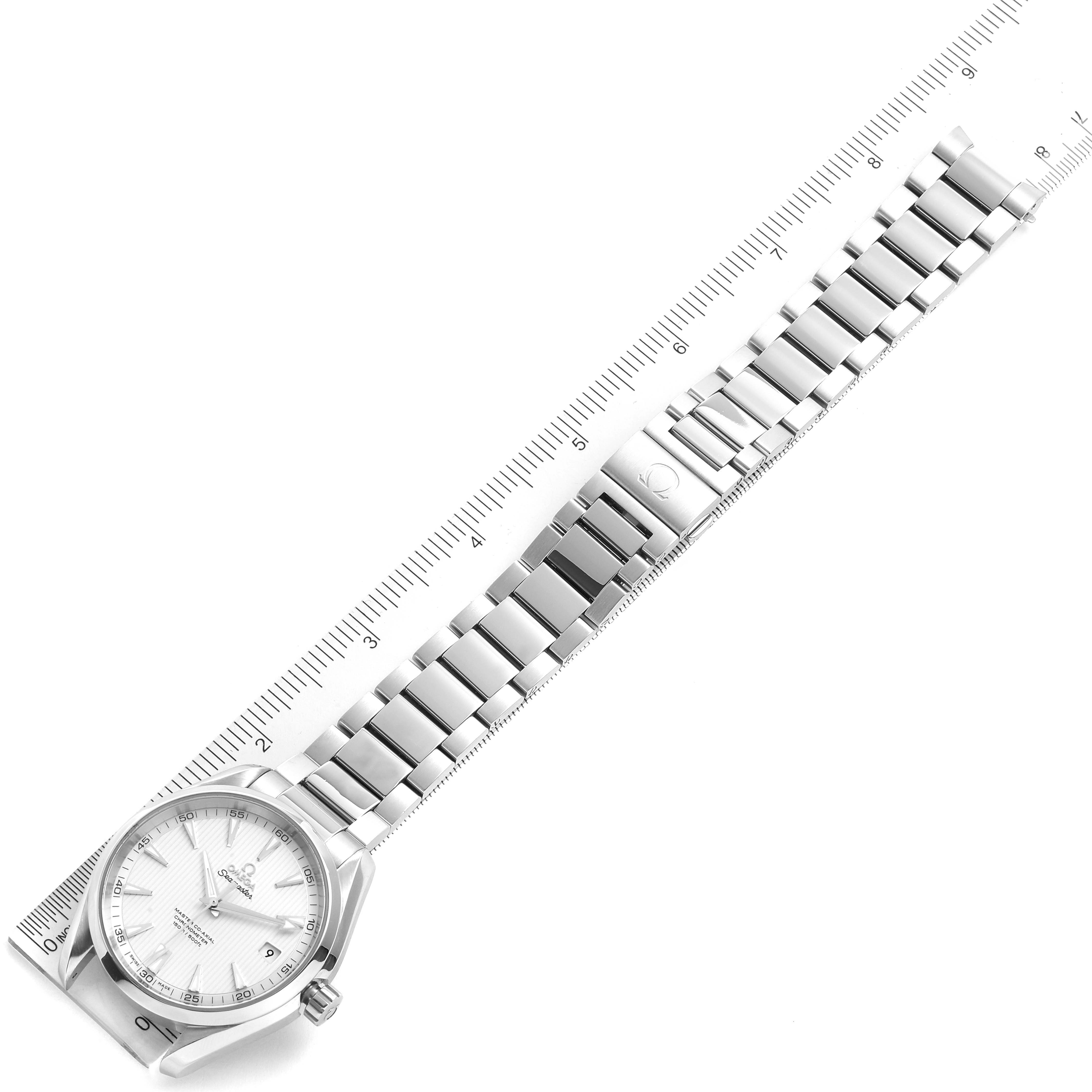 The image shows the Omega Aqua Terra 231.10.42.21.02.003 Men's Stainless Steel Silver Dial 231.10.42.21.02.003 Men's Stainless Steel Silver Dial watch laid flat, highlighting the face, bracelet, and clasp along with a ruler for scale.