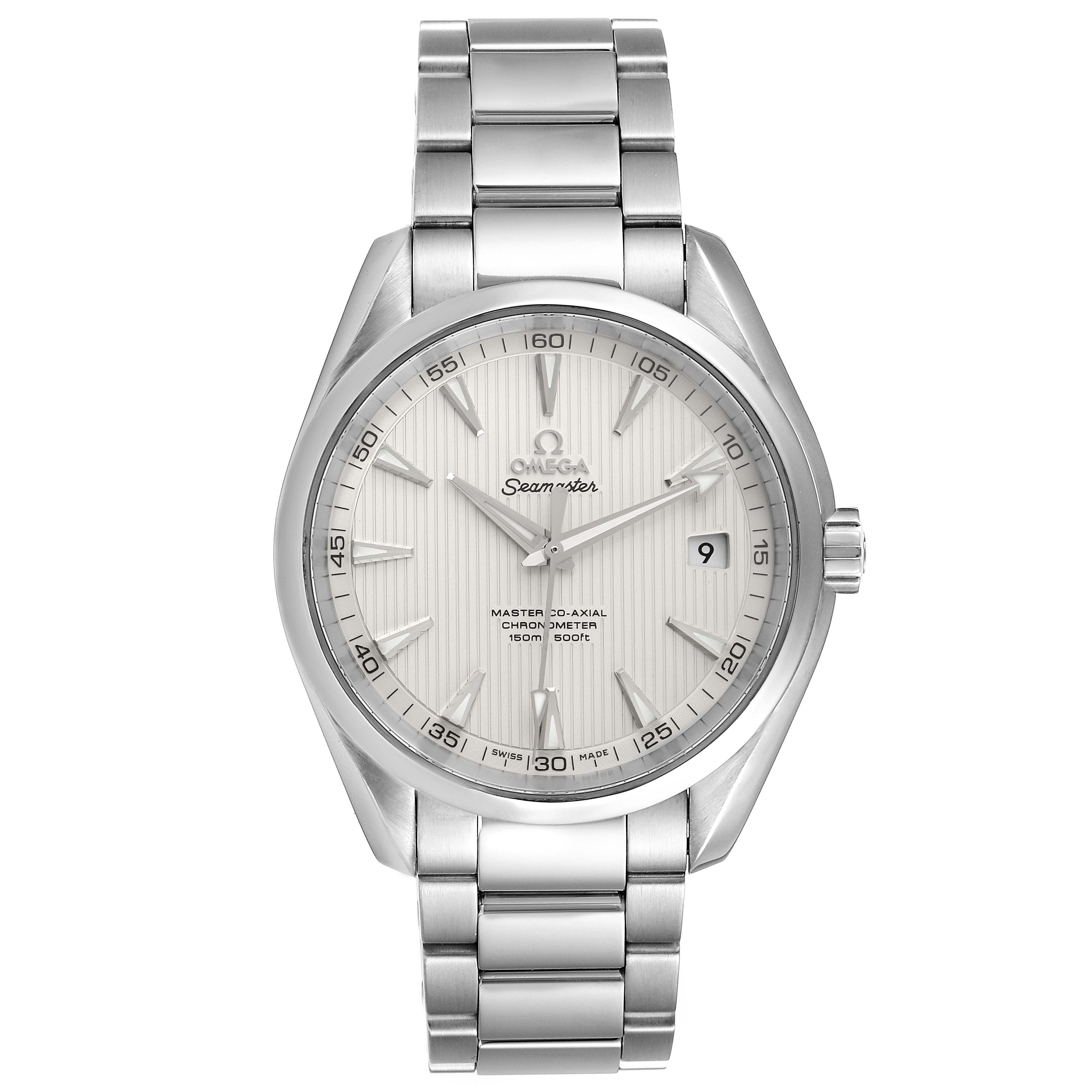 This image shows a front view of the Omega Aqua Terra 231.10.42.21.02.003 Men's Stainless Steel Silver Dial 231.10.42.21.02.003 Men's Stainless Steel Silver Dial Seamaster watch, highlighting the bracelet, dial, and case.