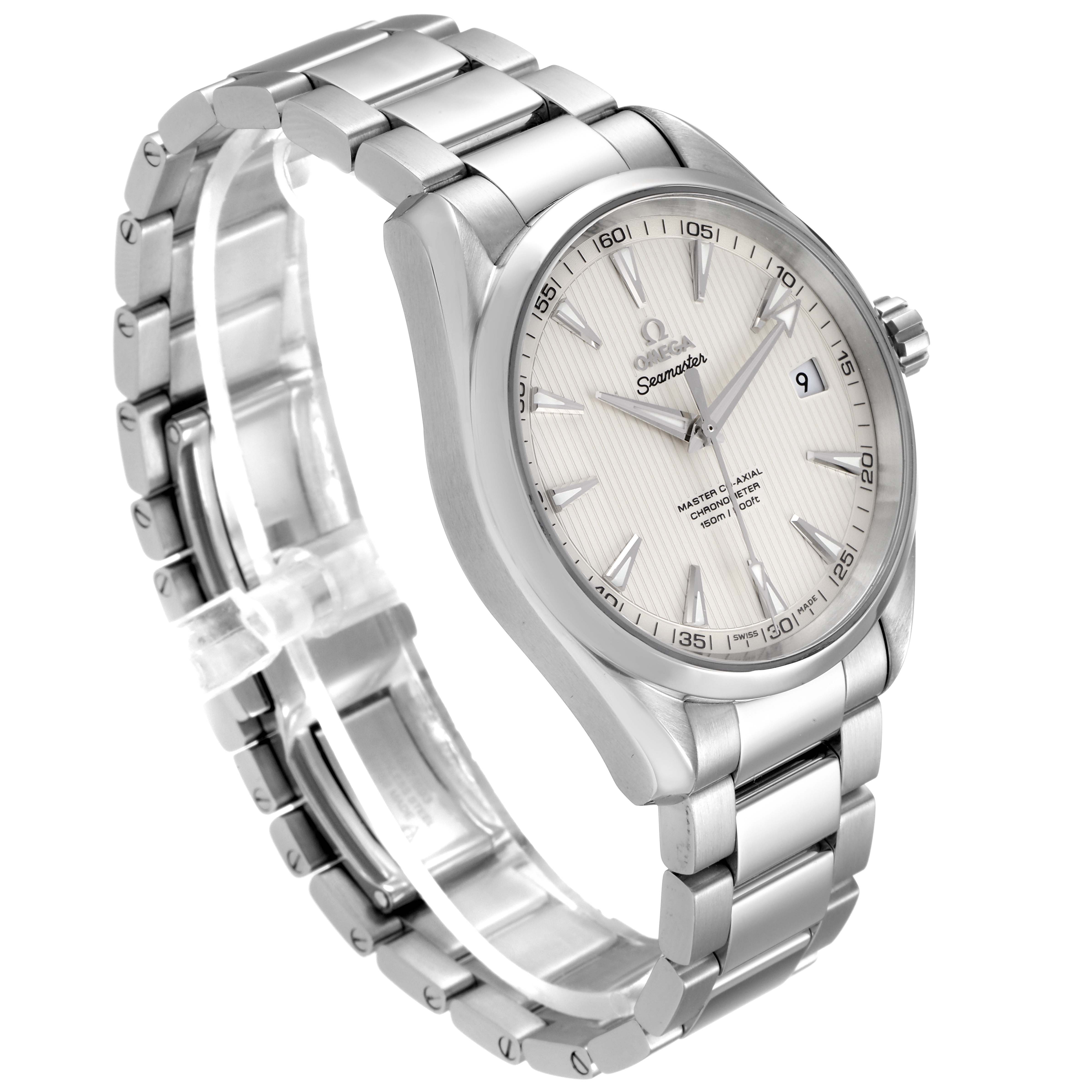 The Omega Aqua Terra 231.10.42.21.02.003 Men's Stainless Steel Silver Dial 231.10.42.21.02.003 Men's Stainless Steel Silver Dial watch is shown from a front angle, highlighting its dial, bezel, crown, and stainless steel bracelet.