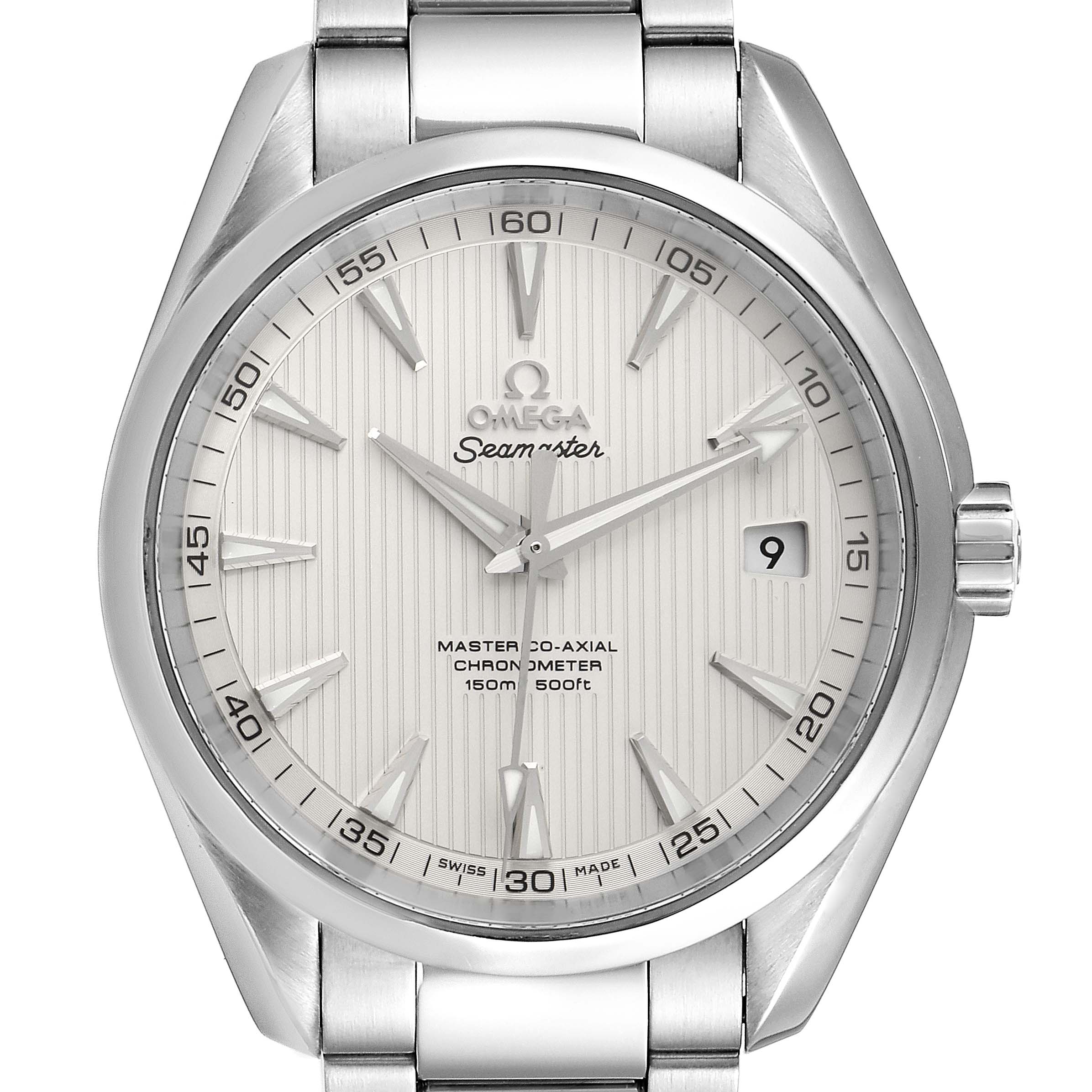 The image shows a front view of the dial and bracelet of an Omega Aqua Terra 231.10.42.21.02.003 Men's Stainless Steel Silver Dial 231.10.42.21.02.003 Men's Stainless Steel Silver Dial watch.