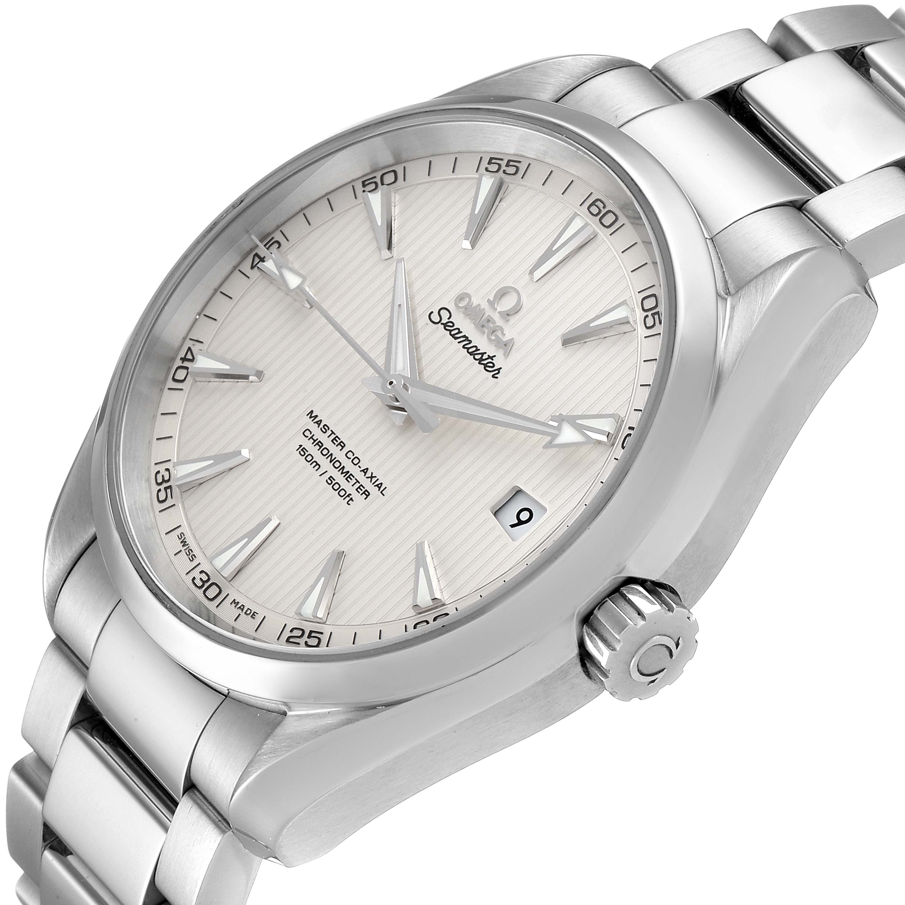 The image shows the Omega Aqua Terra 231.10.42.21.02.003 Men's Stainless Steel Silver Dial 231.10.42.21.02.003 Men's Stainless Steel Silver Dial watch from a slightly tilted side view, displaying the dial, bezel, crown, and part of the bracelet.