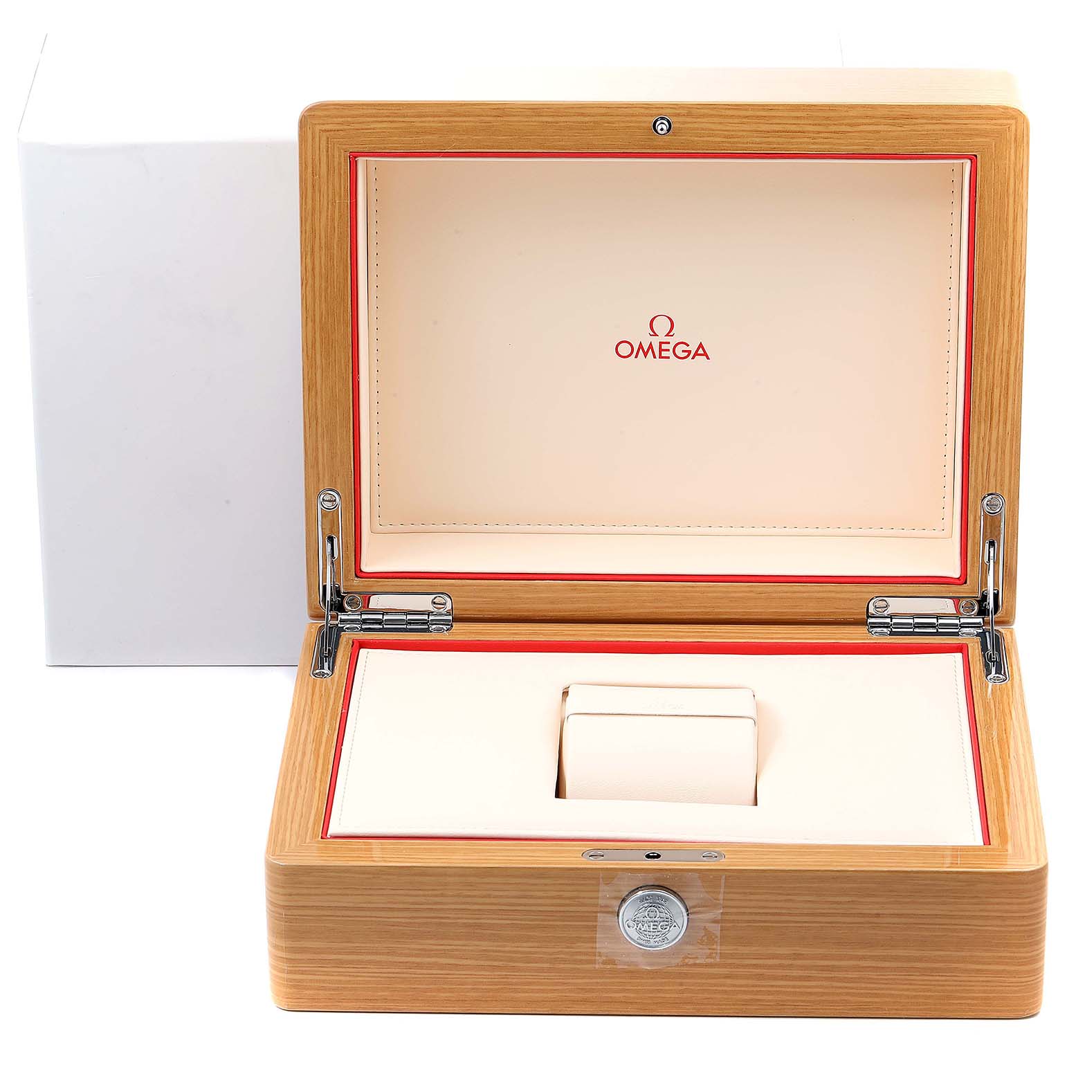 The image shows an open wooden box for the Omega Aqua Terra 231.20.42.21.06.001 Men's Steel and Gold (two tone) Grey Dial 231.20.42.21.06.001 Men's Steel and Gold (two tone) Grey Dial watch, revealing its elegant interior.