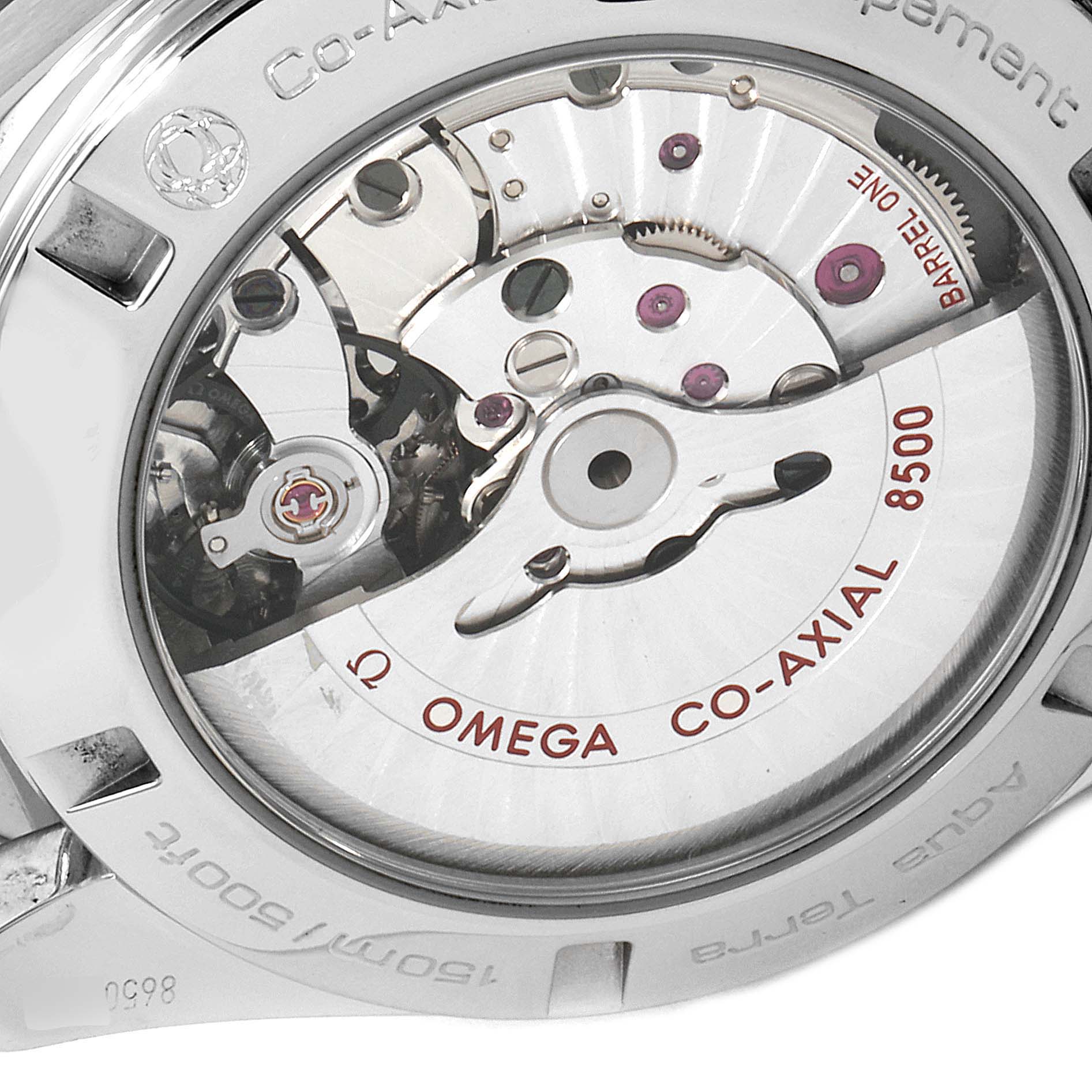 The image shows the back of the Omega Aqua Terra 231.20.42.21.06.001 Men's Steel and Gold (two tone) Grey Dial 231.20.42.21.06.001 Men's Steel and Gold (two tone) Grey Dial watch showcasing its Co-Axial 8500 movement.