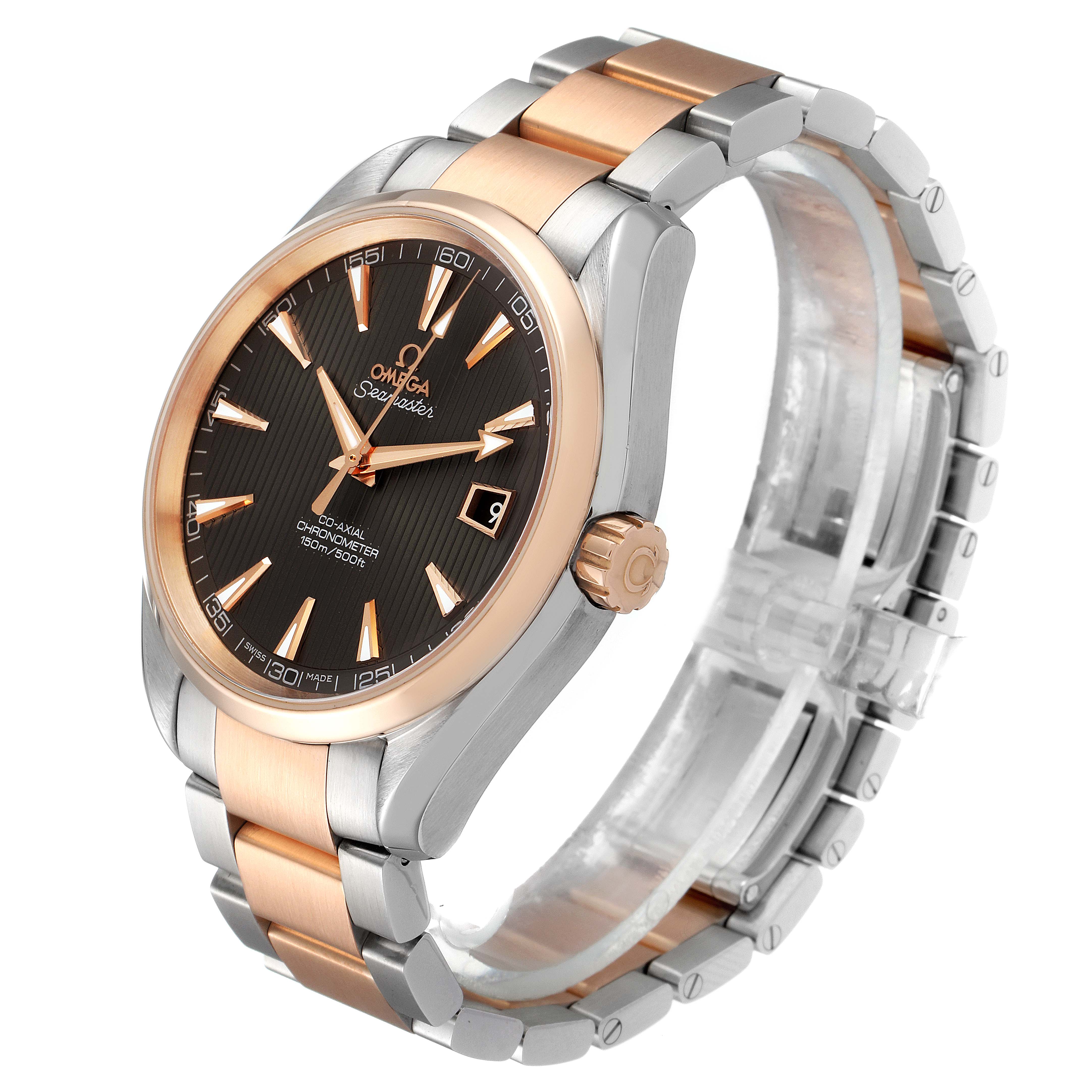 The Omega Aqua Terra 231.20.42.21.06.001 Men's Steel and Gold (two tone) Grey Dial 231.20.42.21.06.001 Men's Steel and Gold (two tone) Grey Dial watch is shown at a three-quarter view highlighting the face, crown, and bracelet.