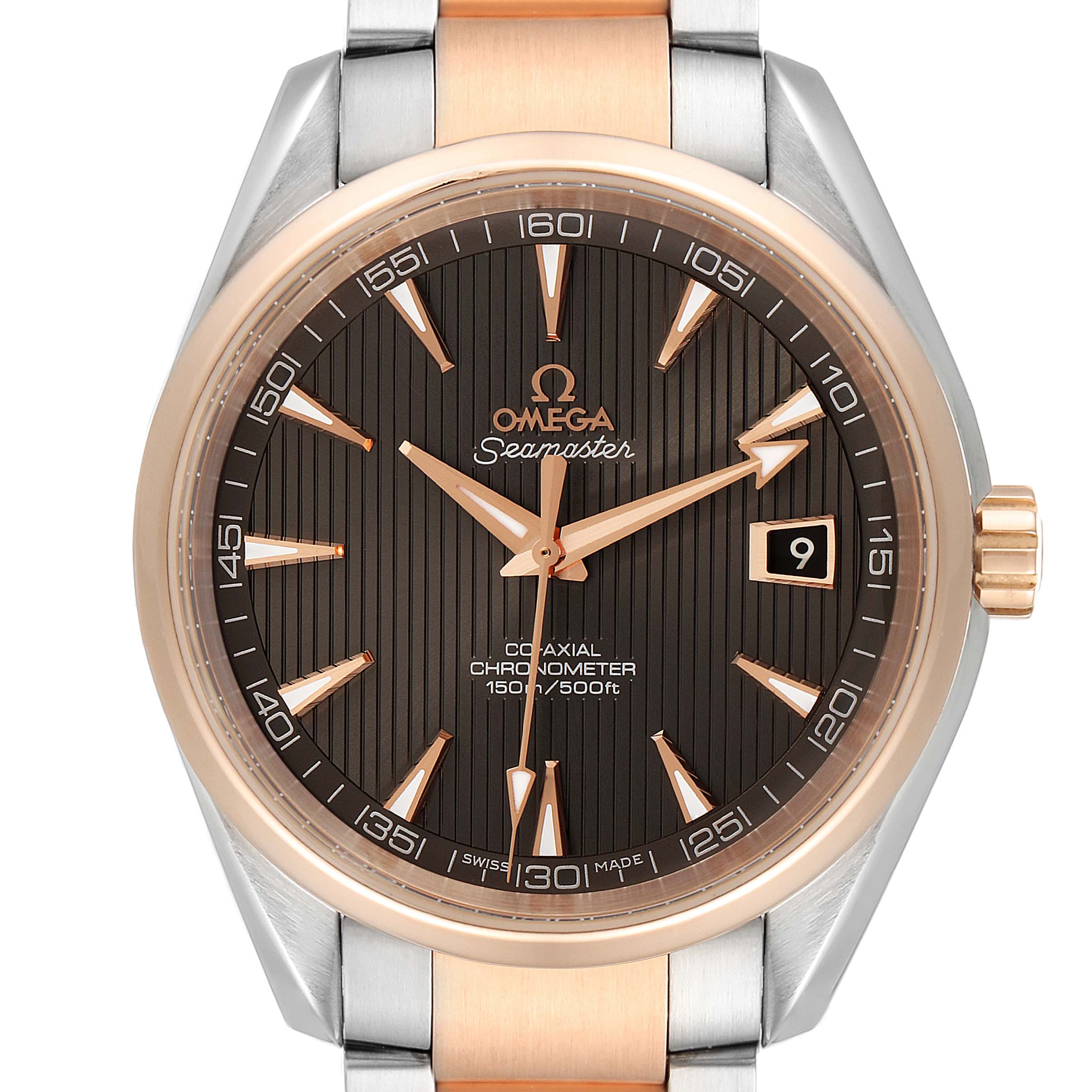 The image shows a front view of the Omega Aqua Terra 231.20.42.21.06.001 Men's Steel and Gold (two tone) Grey Dial 231.20.42.21.06.001 Men's Steel and Gold (two tone) Grey Dial watch, featuring its dial, date window, and part of the bracelet.