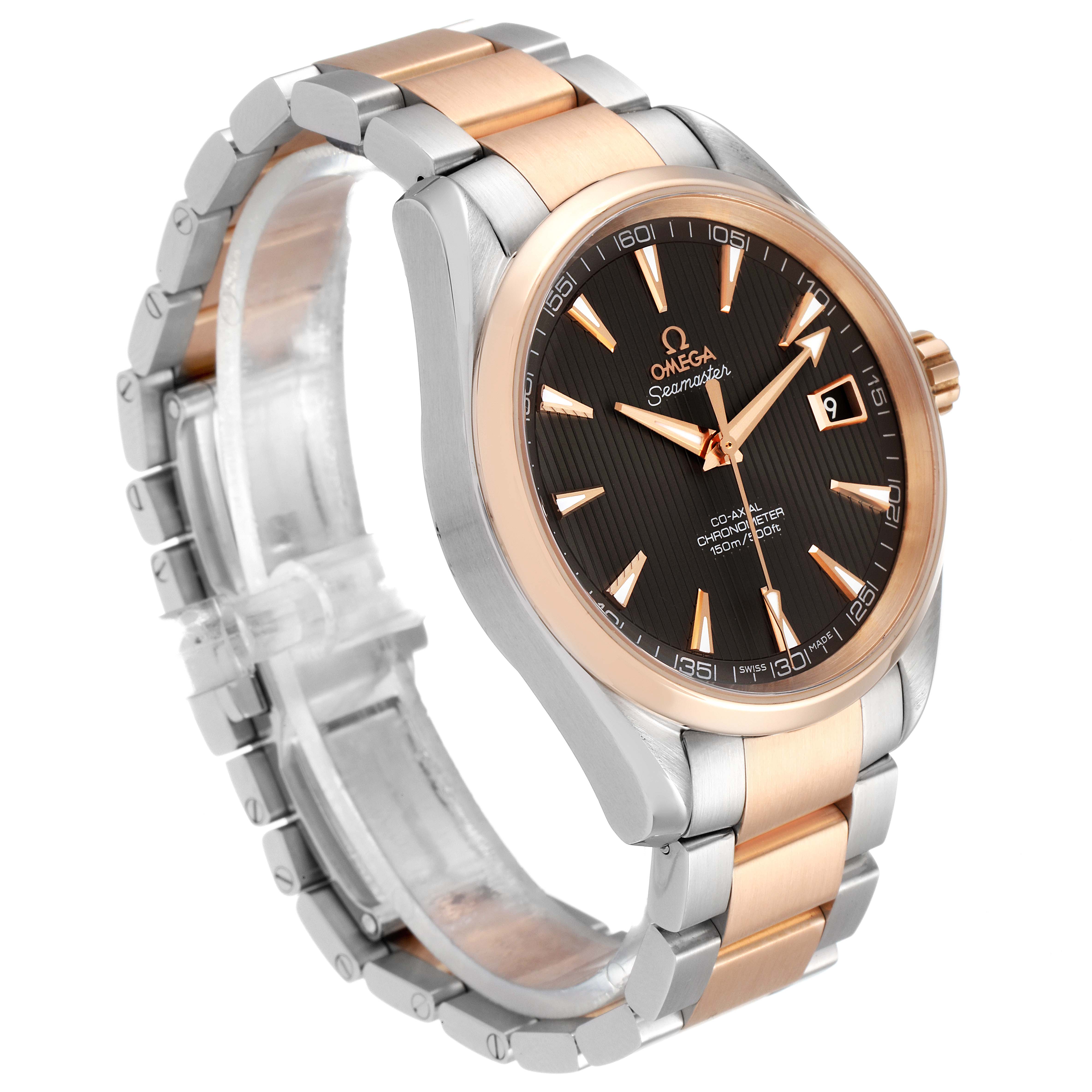 The Omega Aqua Terra 231.20.42.21.06.001 Men's Steel and Gold (two tone) Grey Dial 231.20.42.21.06.001 Men's Steel and Gold (two tone) Grey Dial watch is shown at a side angle, displaying the rose gold and silver bracelet and the black watch face.