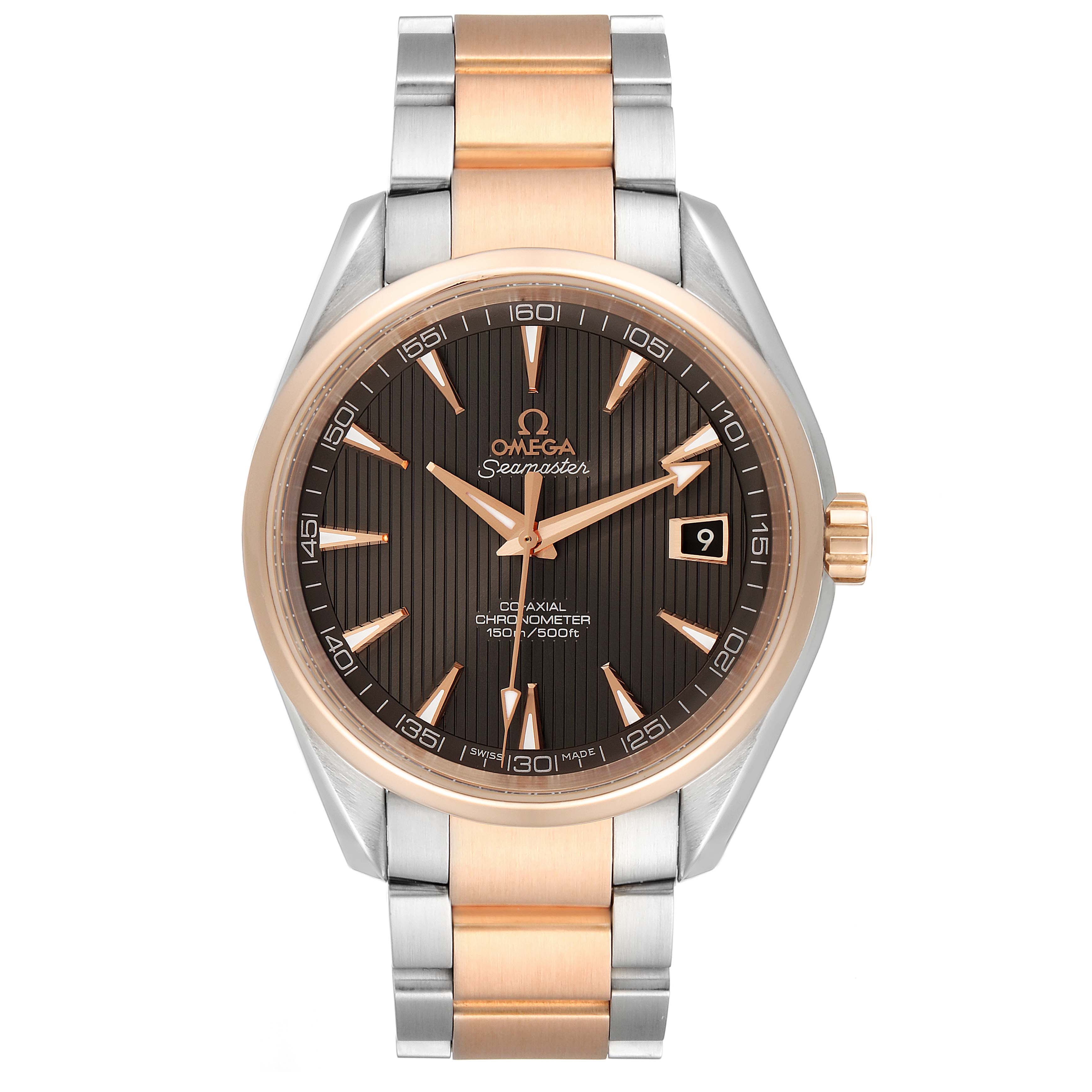 The image shows a front view of an Omega Seamaster Aqua Terra watch, highlighting its face, bezel, and bracelet.