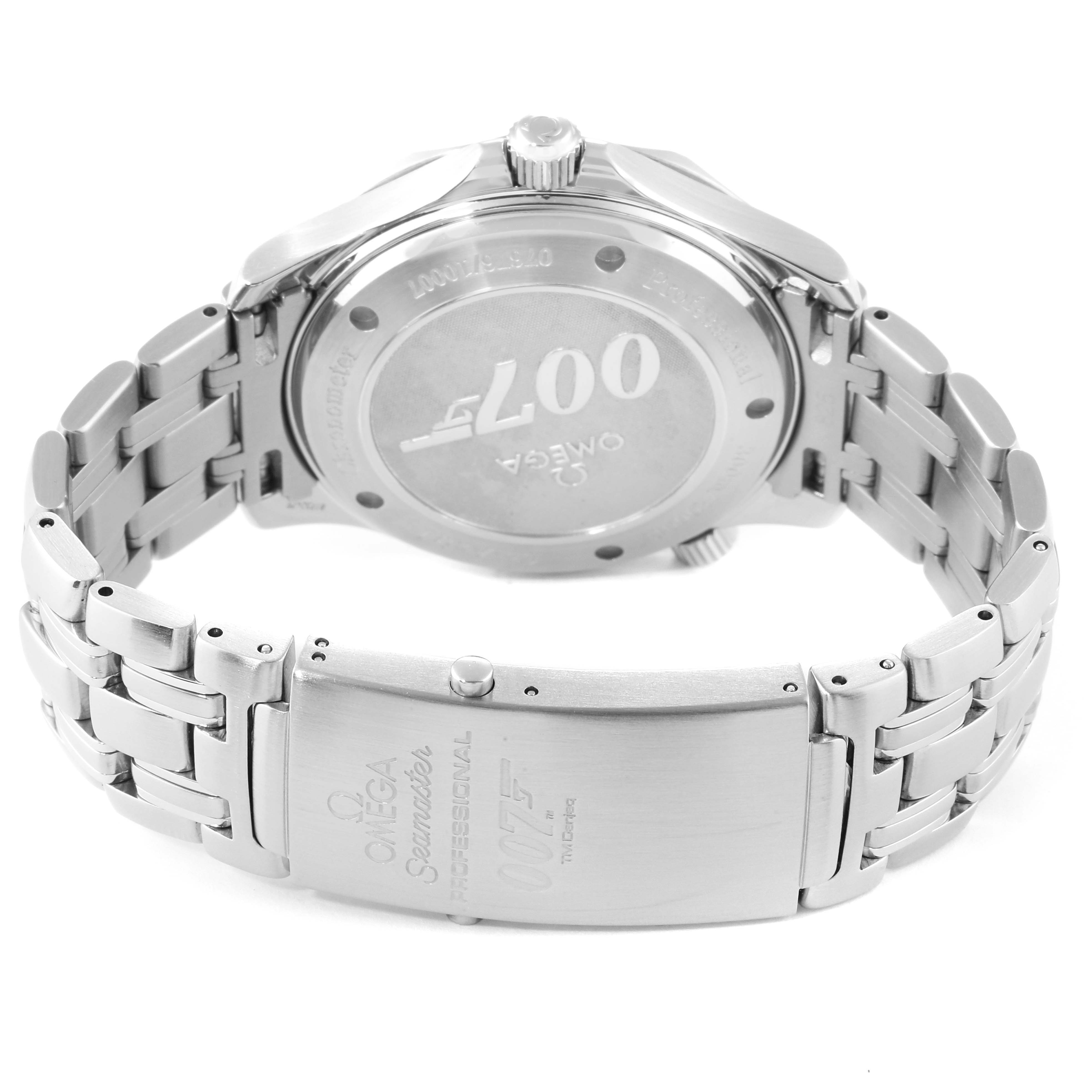 This image shows the back case and clasp of the Omega Seamaster 2226.80.00 Men's Stainless Steel Blue Dial 2226.80.00 Men's Stainless Steel Blue Dial watch at an angle.