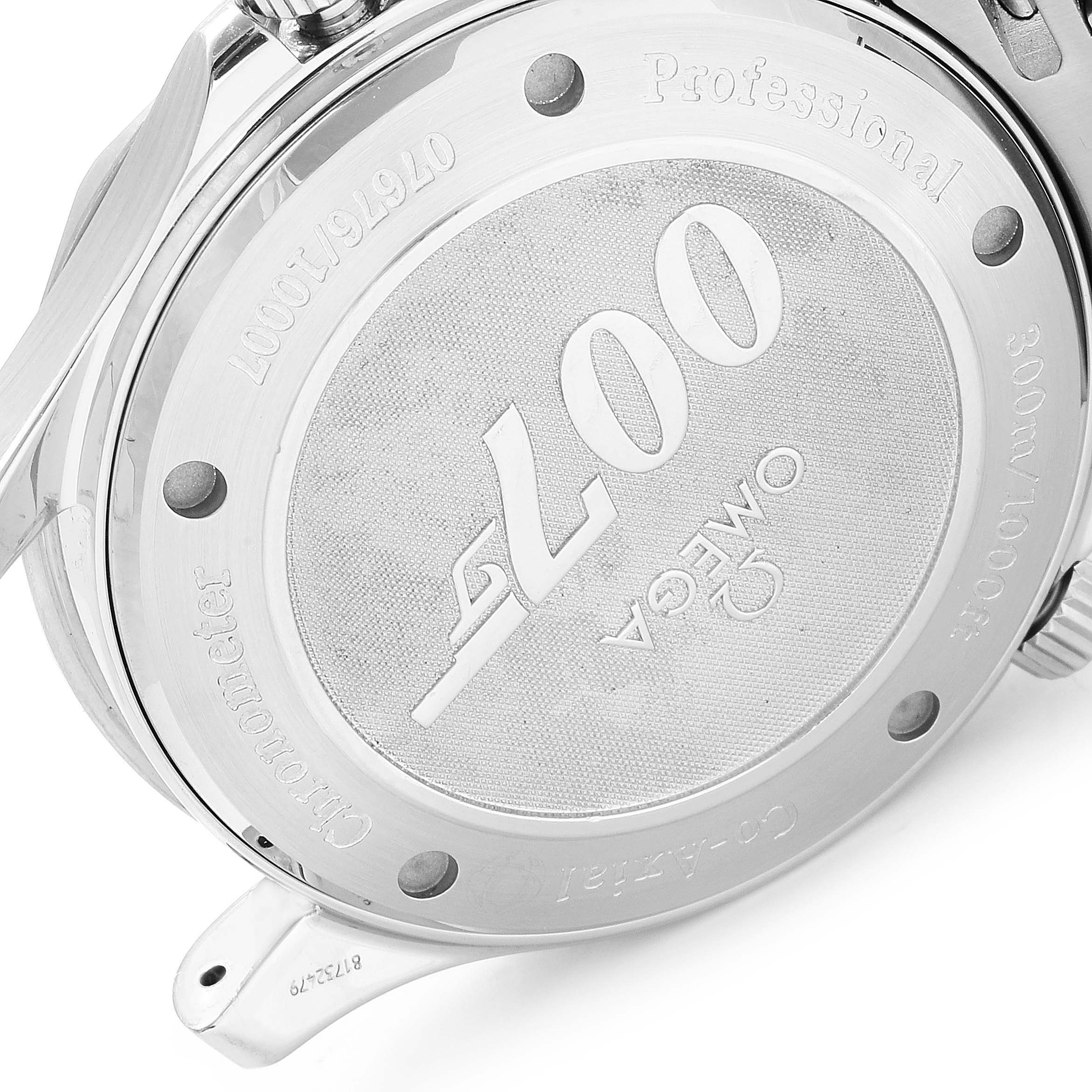 The image shows the case back of the Omega Seamaster 2226.80.00 Men's Stainless Steel Blue Dial 2226.80.00 Men's Stainless Steel Blue Dial watch at an angle, featuring engraved details and the 007 logo.