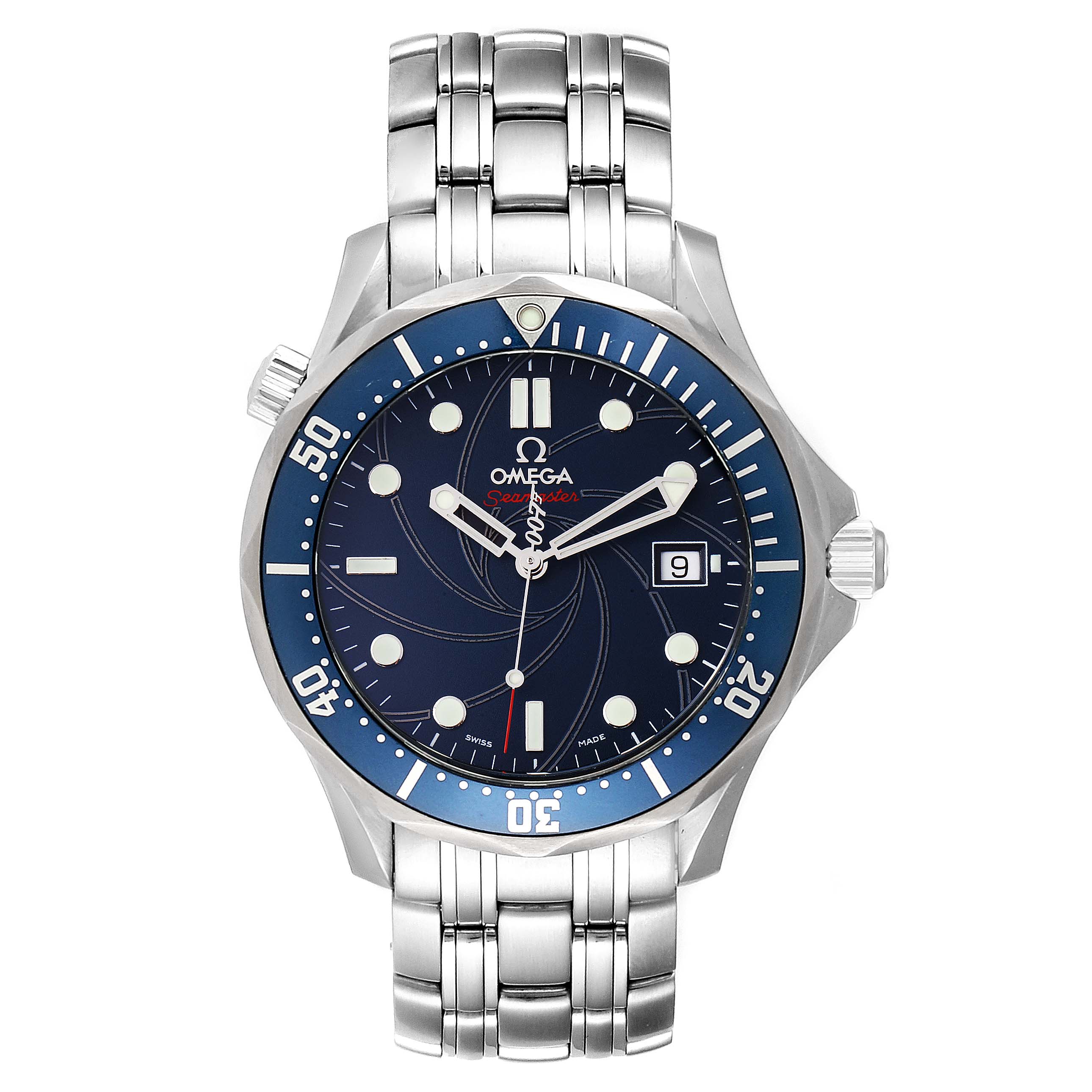 The image shows a front view of the Omega Seamaster 2226.80.00 Men's Stainless Steel Blue Dial 2226.80.00 Men's Stainless Steel Blue Dial watch, highlighting its blue dial, bezel, and stainless steel bracelet.