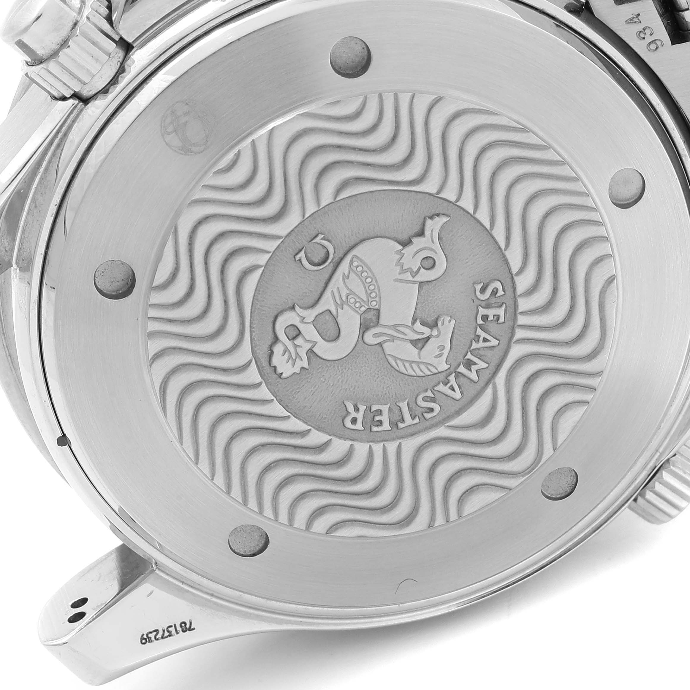 The image shows the back case of the Omega 2594.52.00 Men
s Stainless Steel Black Dial 2594.52.00 Men
s Stainless Steel Black Dial Seamaster Chronograph Black Dial Watch 2594.52.00 with an embossed design.