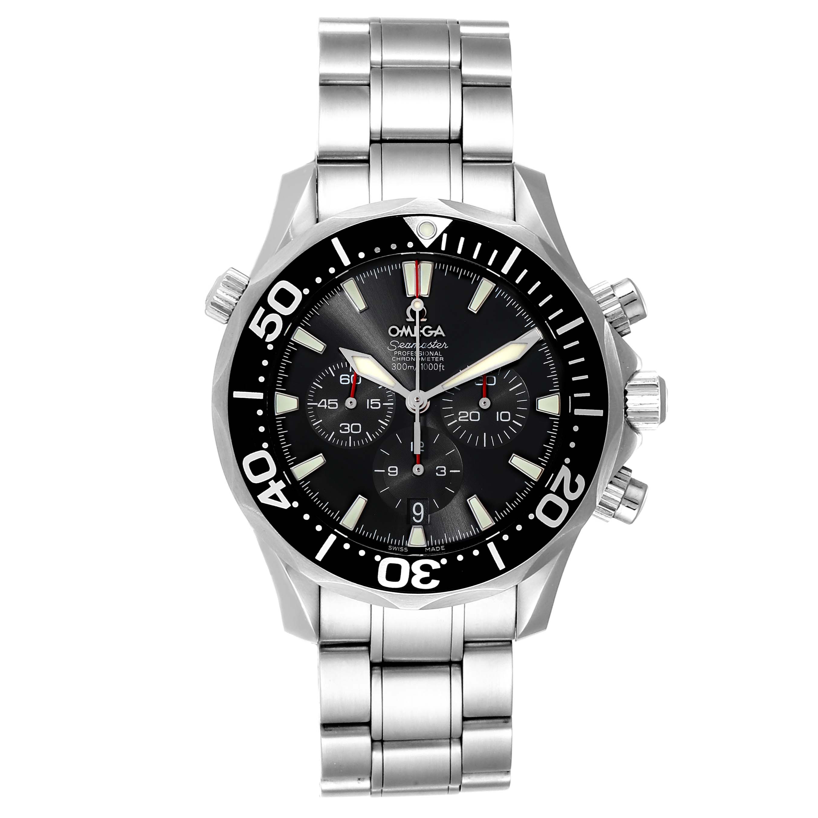 The image shows an Omega 2594.52.00 Men
s Stainless Steel Black Dial 2594.52.00 Men
s Stainless Steel Black Dial Seamaster Chronograph Black Dial Watch 2594.52.00 from a front angle, highlighting the dial and stainless steel bracelet.