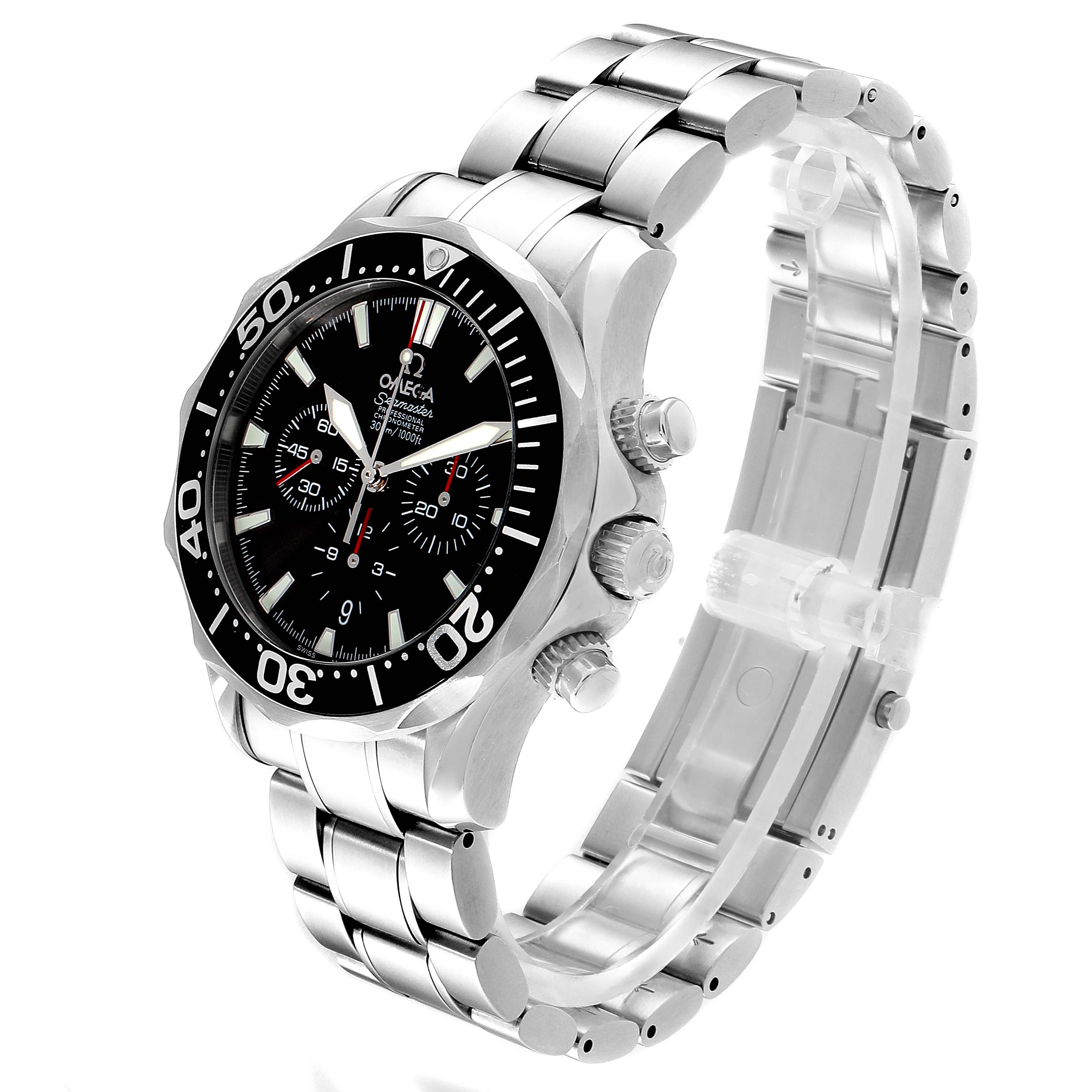 This image shows an Omega 2594.52.00 Men
s Stainless Steel Black Dial 2594.52.00 Men
s Stainless Steel Black Dial Seamaster Chronograph Black Dial Watch model 2594.52.00 from a three-quarter angle, highlighting its face, bezel, and bracelet.