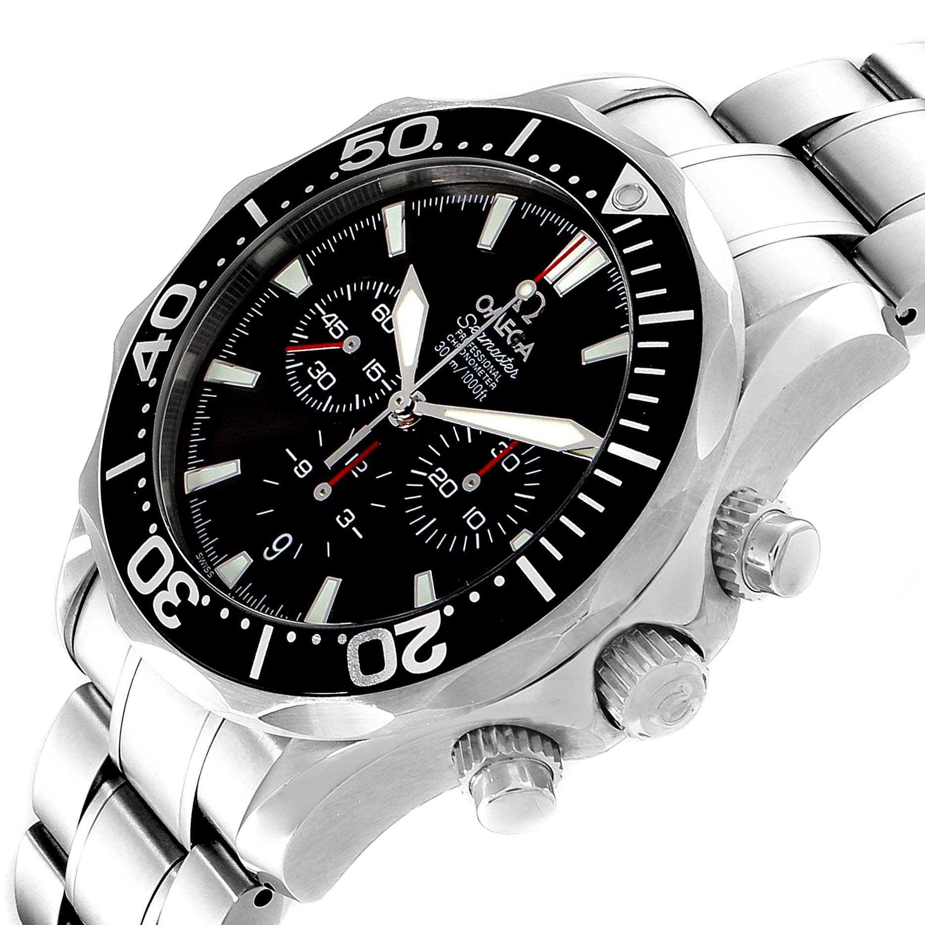 The Omega 2594.52.00 Men
s Stainless Steel Black Dial 2594.52.00 Men
s Stainless Steel Black Dial Seamaster Chronograph 2594.52.00 watch is shown at a slight right angle, displaying the black dial, bezel, and stainless steel bracelet.