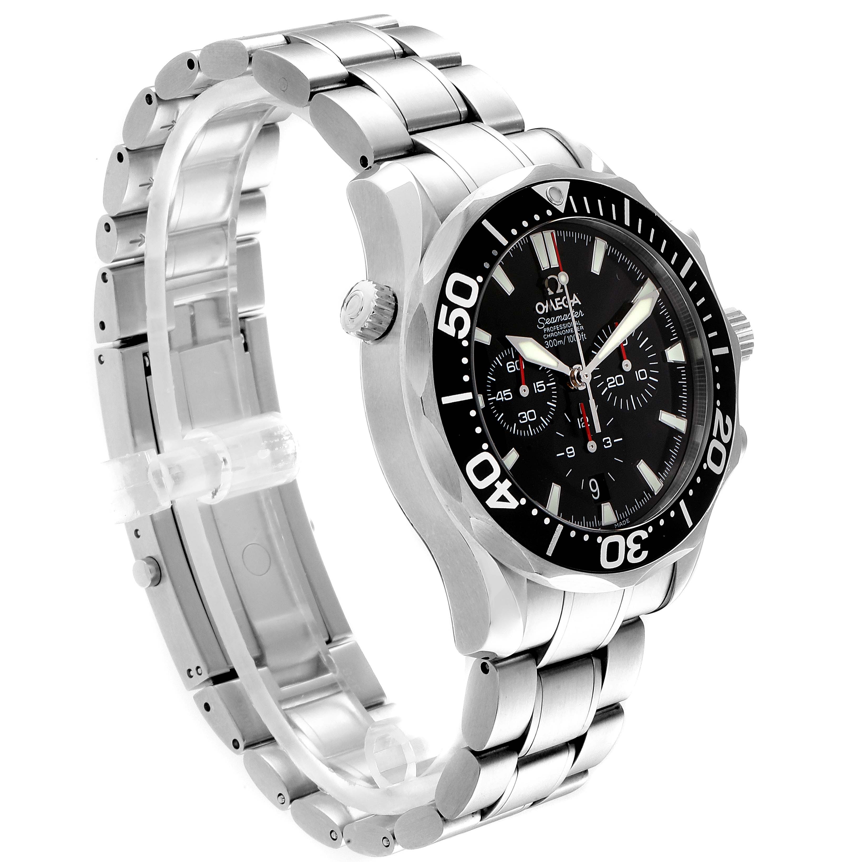 The Omega 2594.52.00 Men
s Stainless Steel Black Dial 2594.52.00 Men
s Stainless Steel Black Dial Seamaster Chronograph Black Dial Watch 2594.52.00 is shown from a front-side angle, highlighting the bezel, dial, and bracelet.