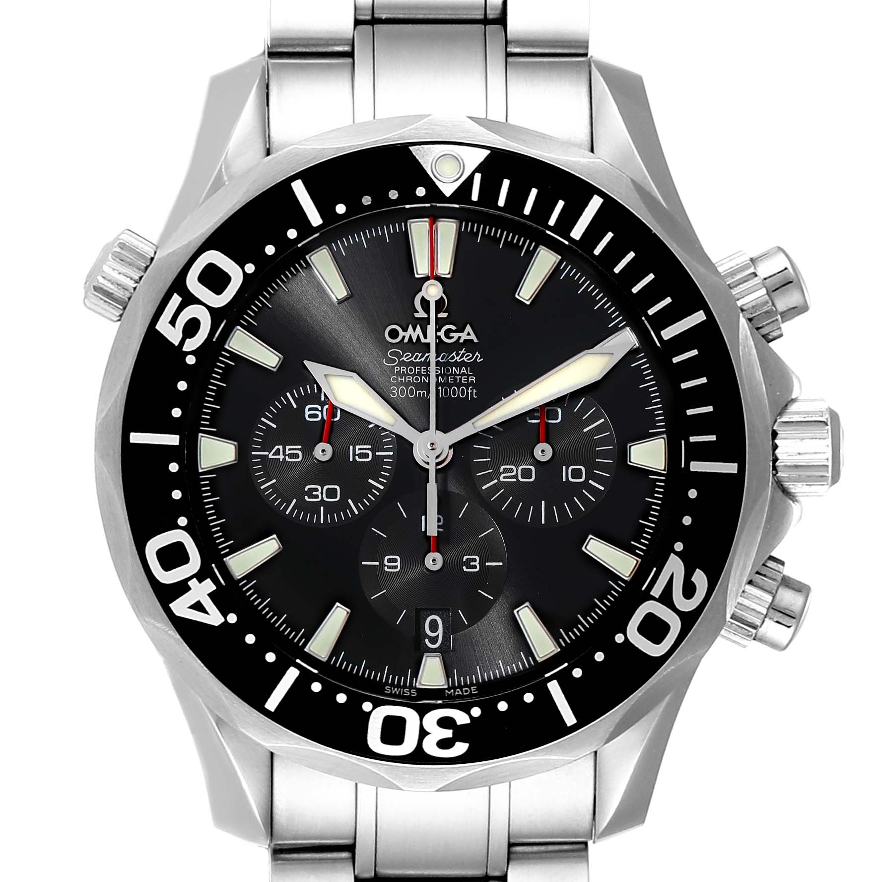 The Omega 2594.52.00 Men
s Stainless Steel Black Dial 2594.52.00 Men
s Stainless Steel Black Dial Seamaster Chronograph Black Dial Watch 2594.52.00 is shown from a front angle highlighting its dial, bezel, and bracelet.