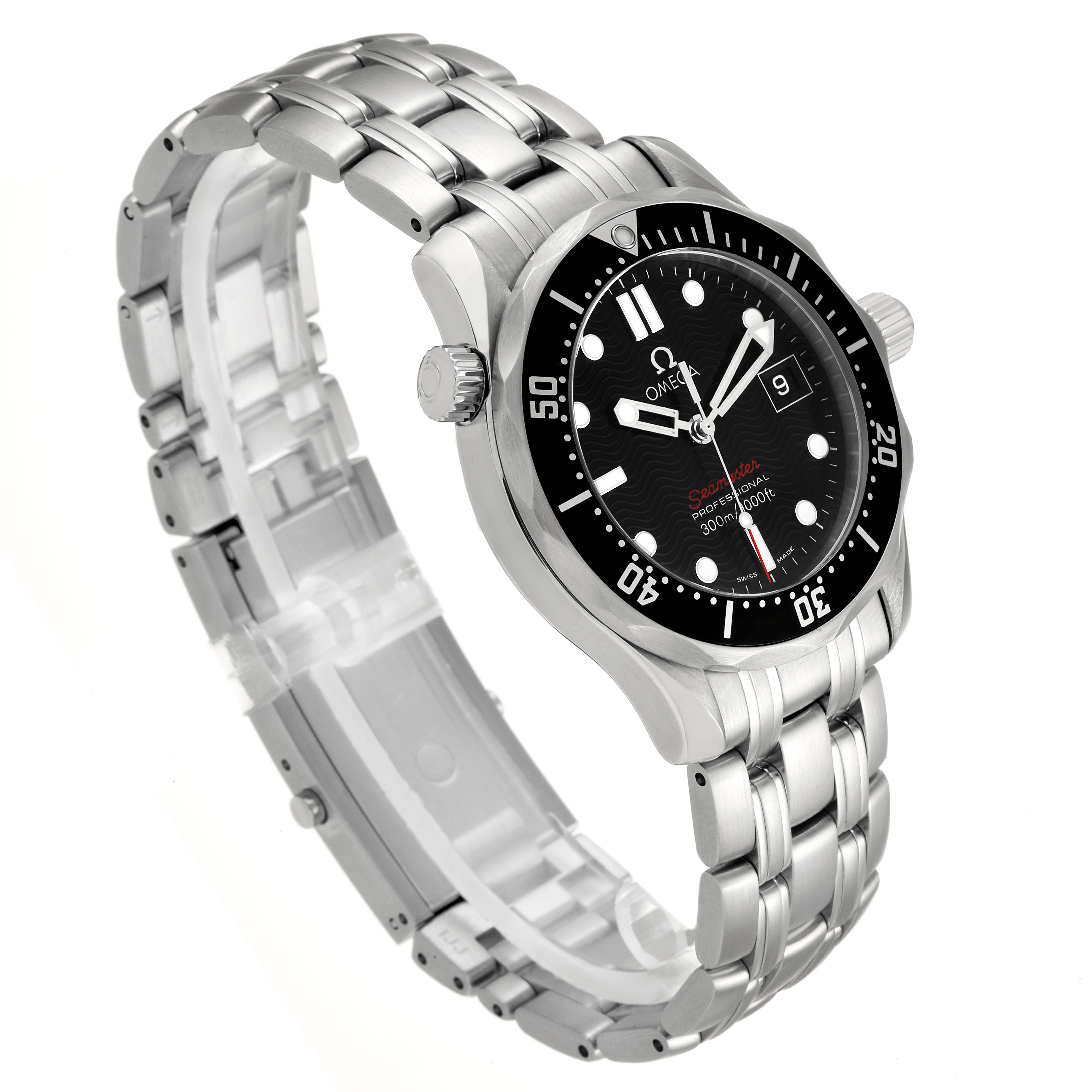 The image shows a side angle of the Omega Seamaster 212.30.36.61.01.001 Men
s Stainless Steel Black Dial 212.30.36.61.01.001 Men
s Stainless Steel Black Dial watch, highlighting its black dial, bezel, and silver bracelet.