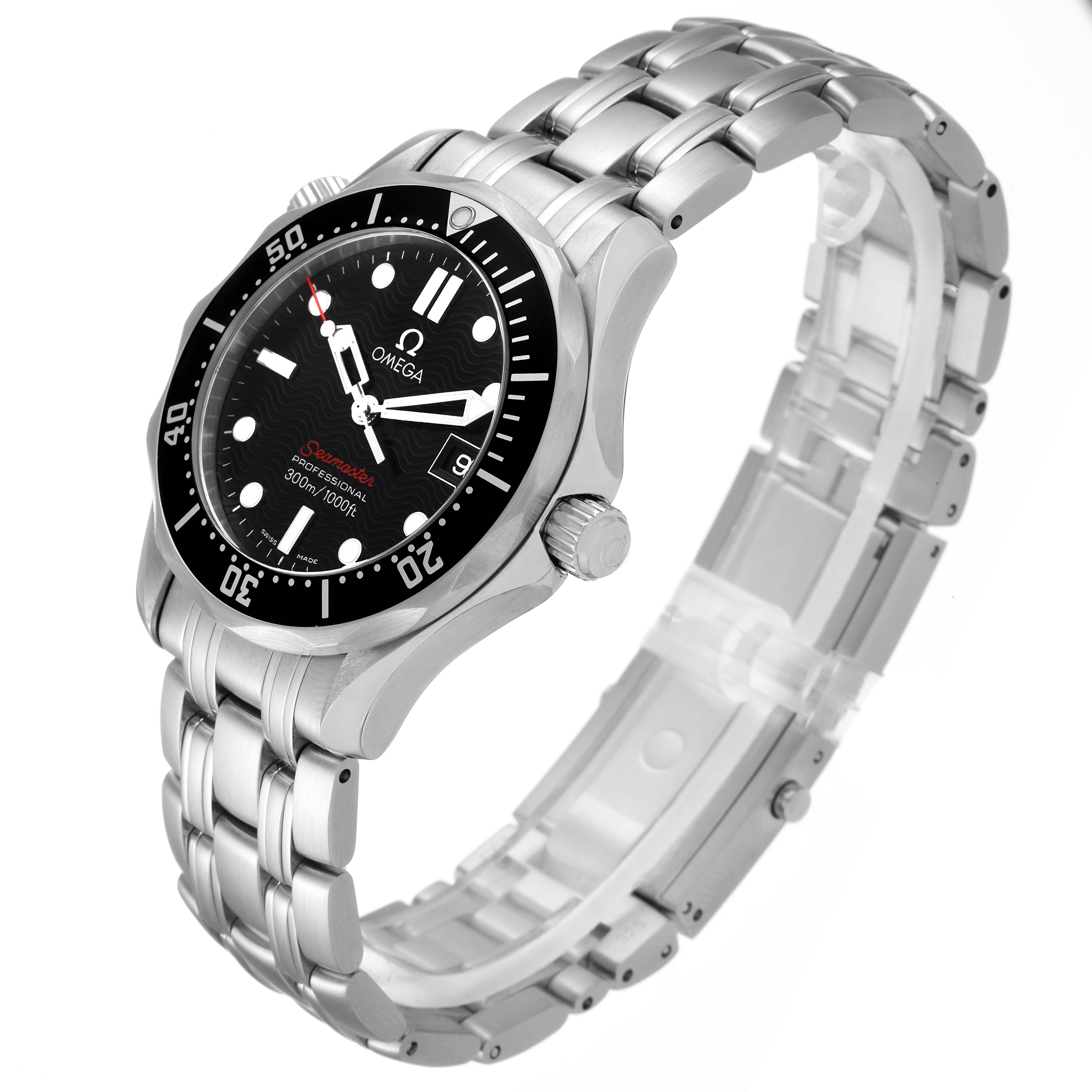 The image shows an angled side view of an Omega Seamaster 212.30.36.61.01.001 Men
s Stainless Steel Black Dial 212.30.36.61.01.001 Men
s Stainless Steel Black Dial watch, displaying the dial, bracelet, and crown.