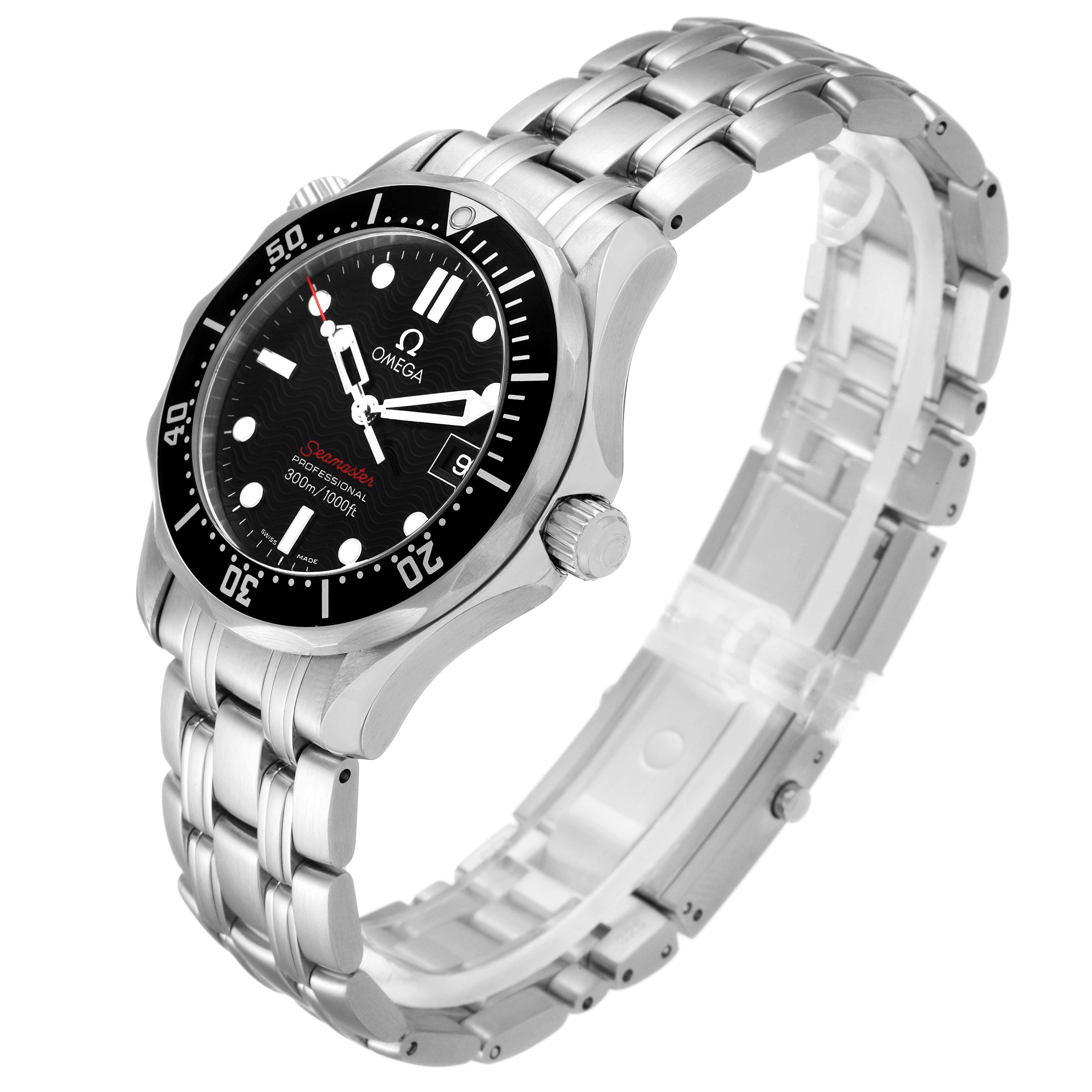 The image shows a side angle of the Omega Seamaster 212.30.36.61.01.001 Men
s Stainless Steel Black Dial 212.30.36.61.01.001 Men
s Stainless Steel Black Dial watch, highlighting its stainless steel band, bezel, and crown.