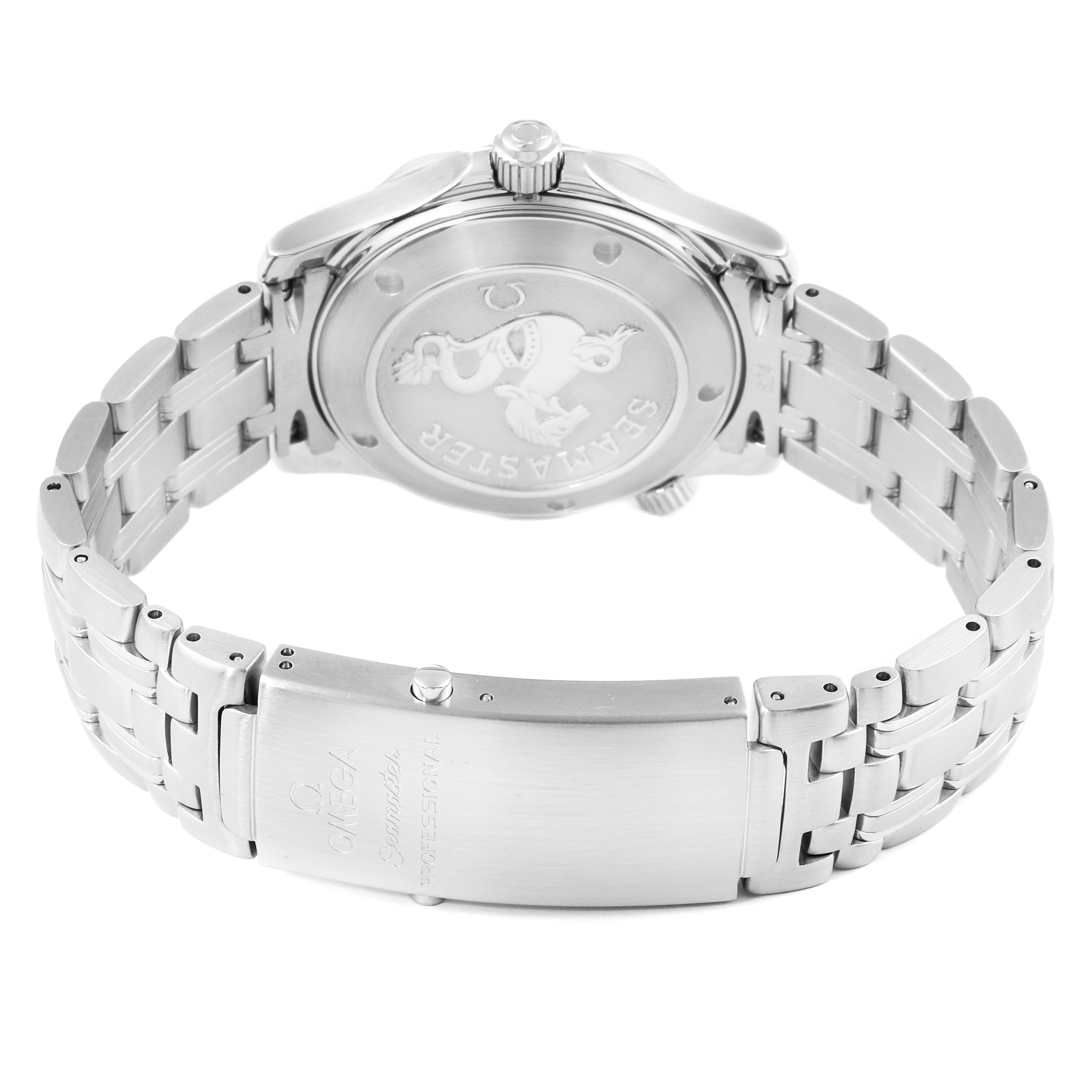 The image shows the back case and metal bracelet of an Omega Seamaster 212.30.36.61.01.001 Men
s Stainless Steel Black Dial 212.30.36.61.01.001 Men
s Stainless Steel Black Dial watch.