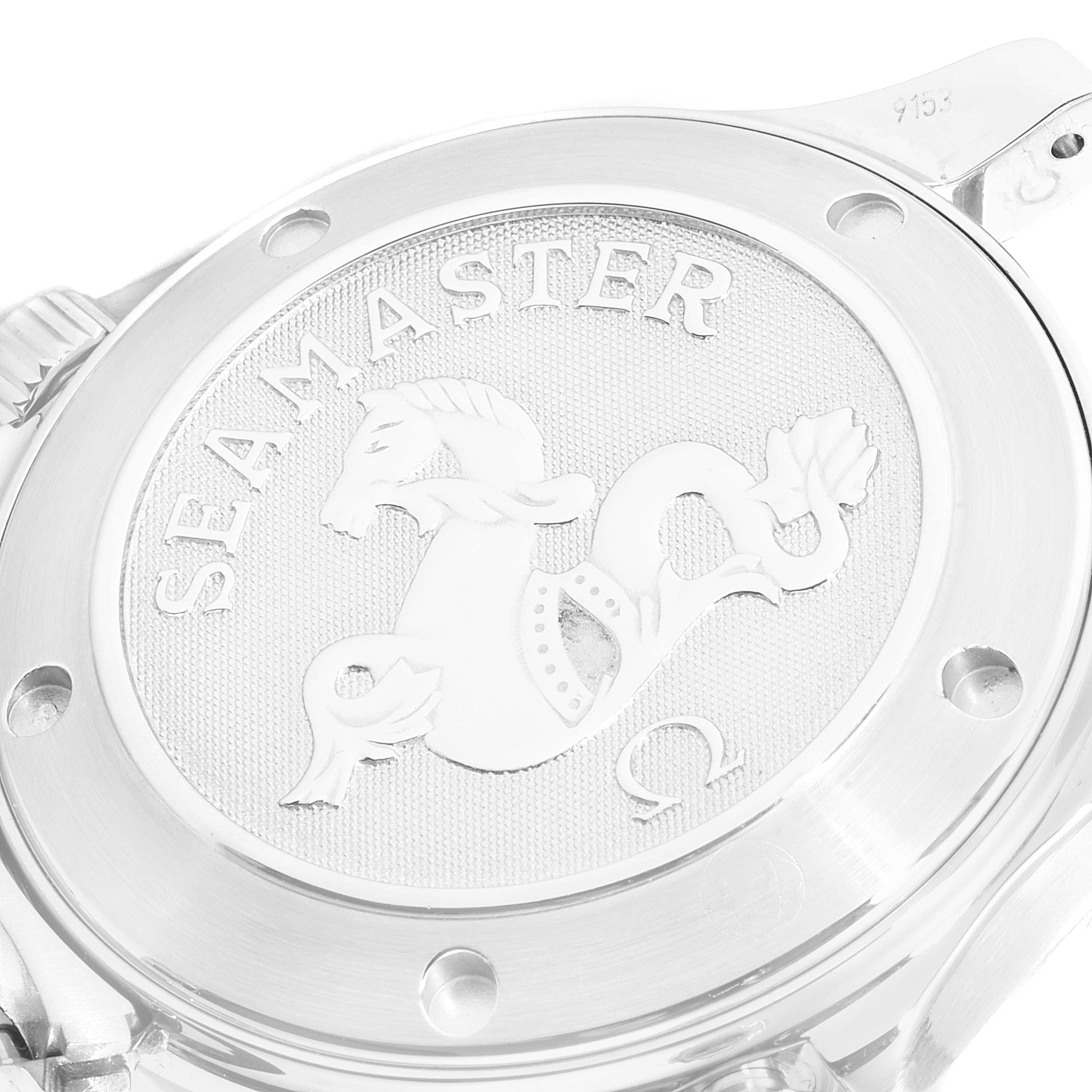 The image shows the case back of an Omega Seamaster 212.30.36.61.01.001 Men
s Stainless Steel Black Dial 212.30.36.61.01.001 Men
s Stainless Steel Black Dial watch with the brand
s engraving and a hippocampus motif.