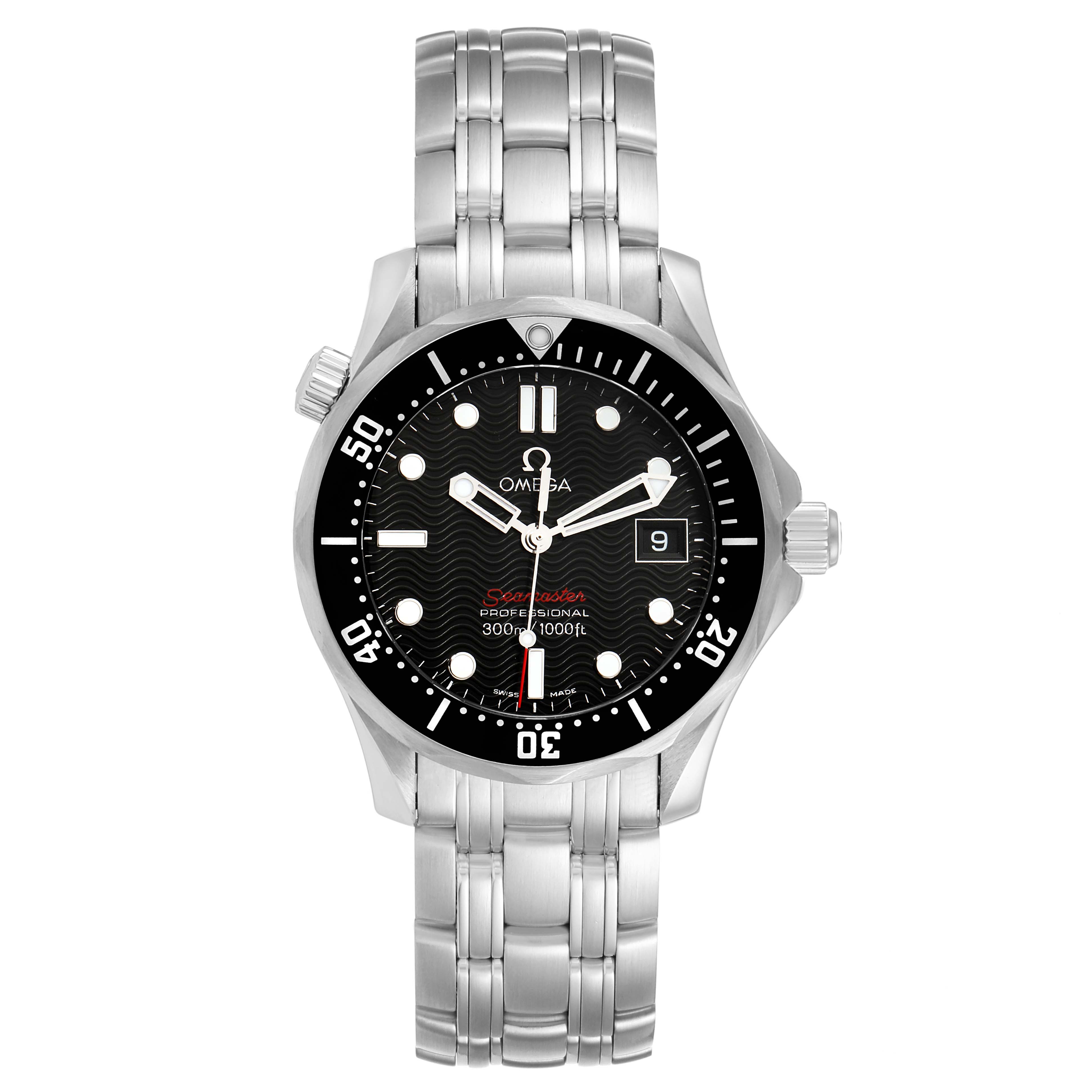 The image shows a front view of the Omega Seamaster 212.30.36.61.01.001 Men
s Stainless Steel Black Dial 212.30.36.61.01.001 Men
s Stainless Steel Black Dial watch including its face, bezel, crown, and stainless steel bracelet.