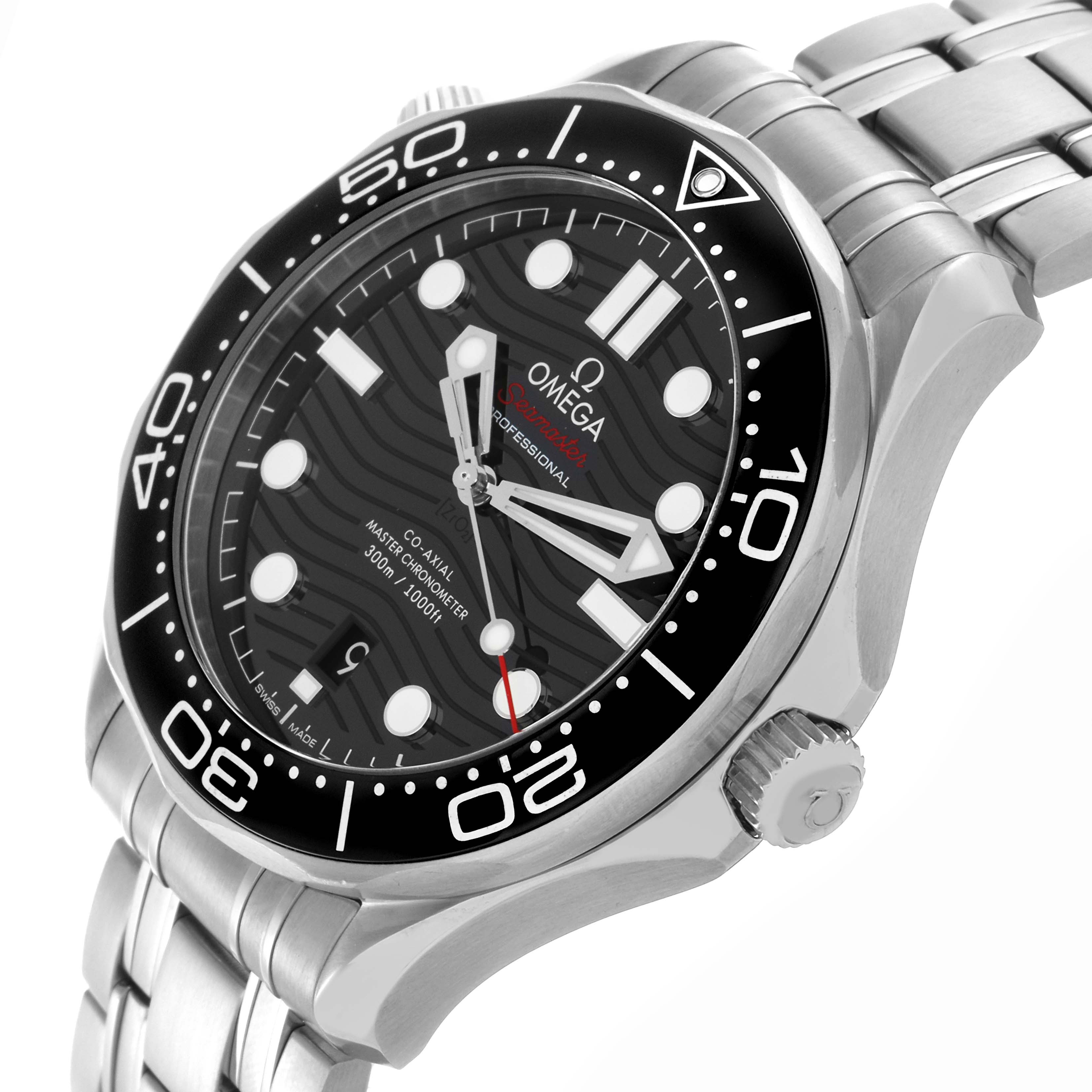 The Omega Seamaster 210.30.42.20.01.001 Men's Stainless Steel Black Dial 210.30.42.20.01.001 Men's Stainless Steel Black Dial watch is shown at an angled view, revealing the face, bezel, crown, and part of the bracelet.