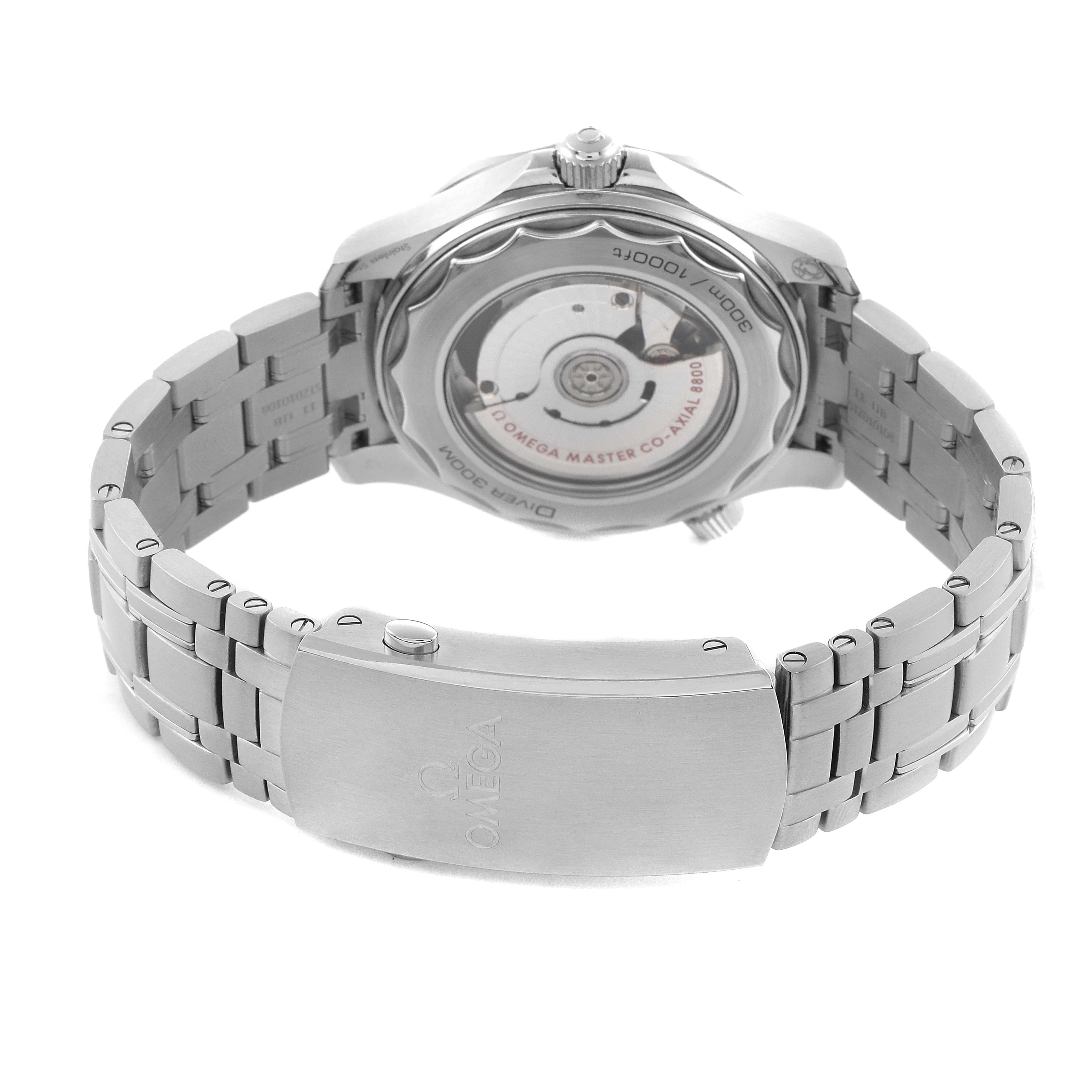 The Omega Seamaster 210.30.42.20.01.001 Men's Stainless Steel Black Dial 210.30.42.20.01.001 Men's Stainless Steel Black Dial watch is shown from the back, highlighting the caseback and bracelet clasp.