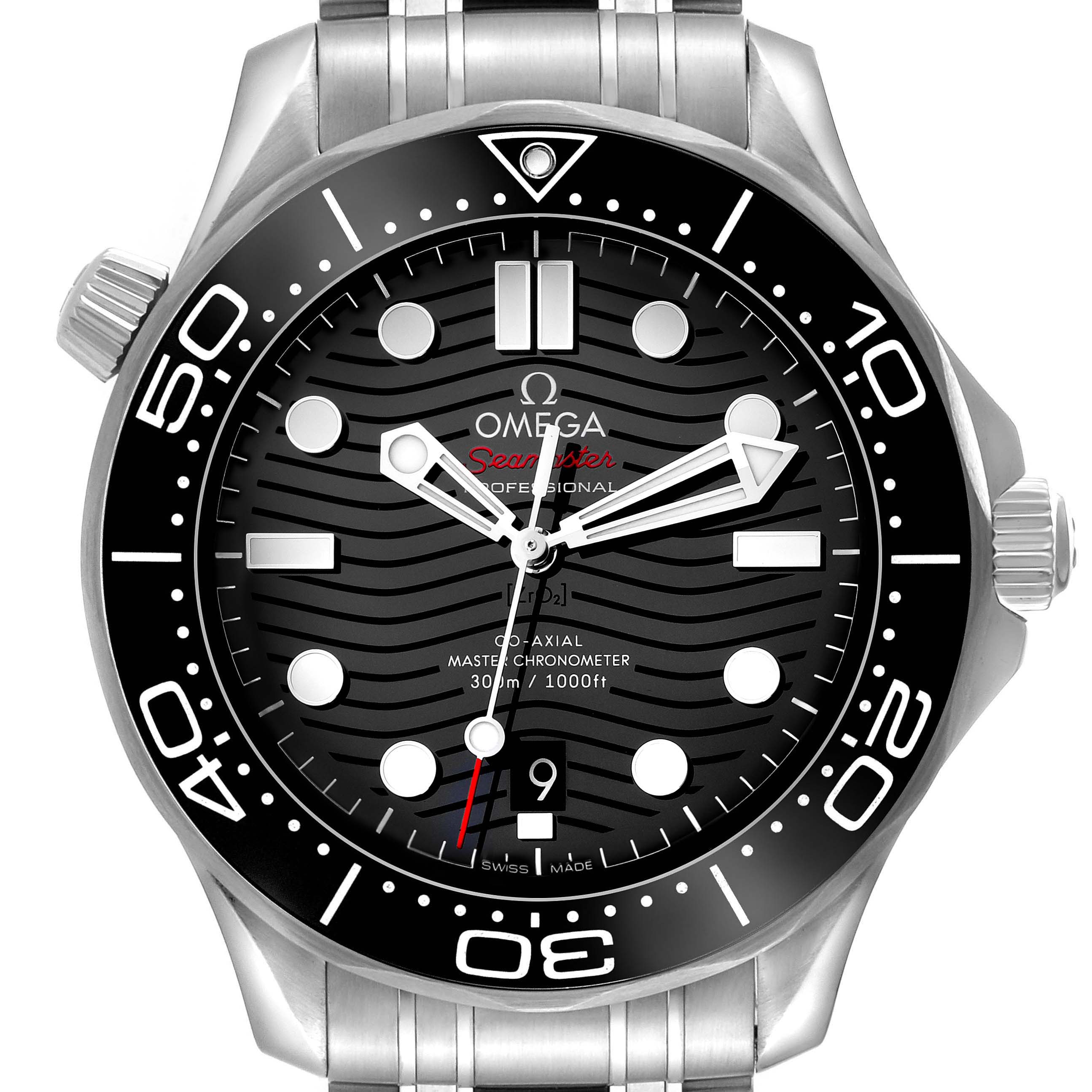 The Omega Seamaster 210.30.42.20.01.001 Men's Stainless Steel Black Dial 210.30.42.20.01.001 Men's Stainless Steel Black Dial is shown from the front, displaying the dial, bezel, and part of the bracelet.