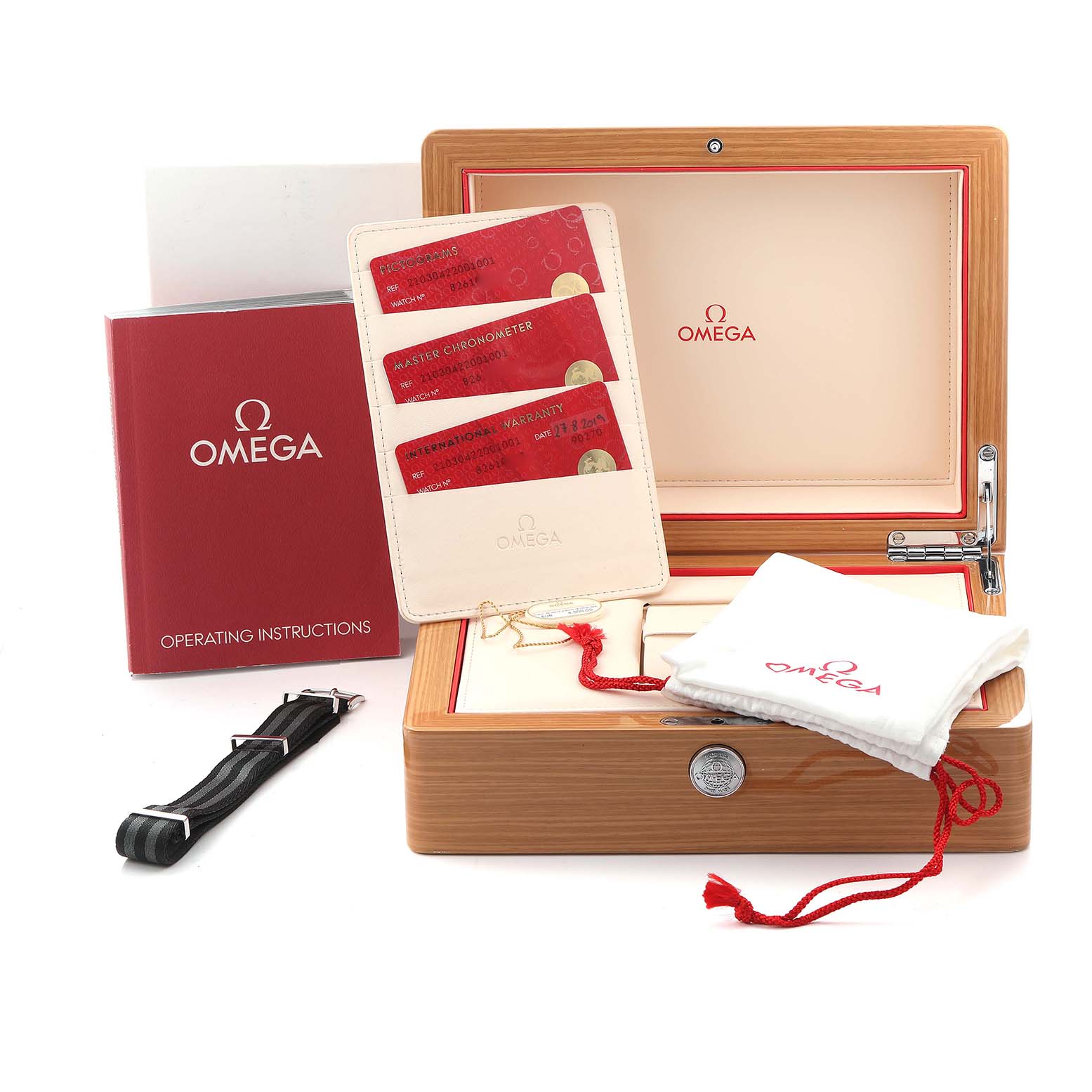 The image shows an Omega Seamaster 210.30.42.20.01.001 Men's Stainless Steel Black Dial 210.30.42.20.01.001 Men's Stainless Steel Black Dial box set including a wooden case, instruction book, warranty cards, a strap, and a pouch.