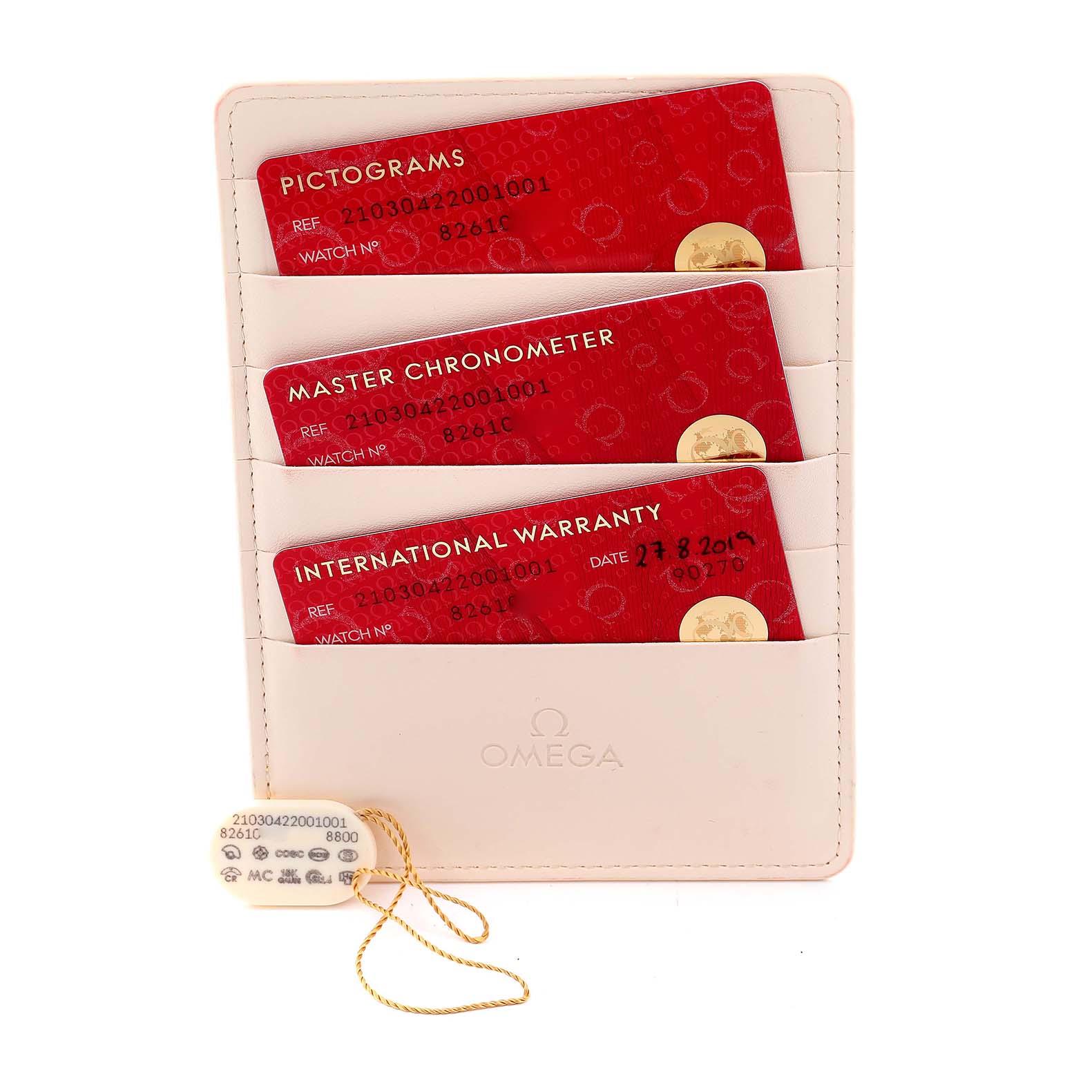 The image shows Omega Seamaster 210.30.42.20.01.001 Men's Stainless Steel Black Dial 210.30.42.20.01.001 Men's Stainless Steel Black Dial model watch accessories, including pictograms, chronometer, and warranty cards in a holder.