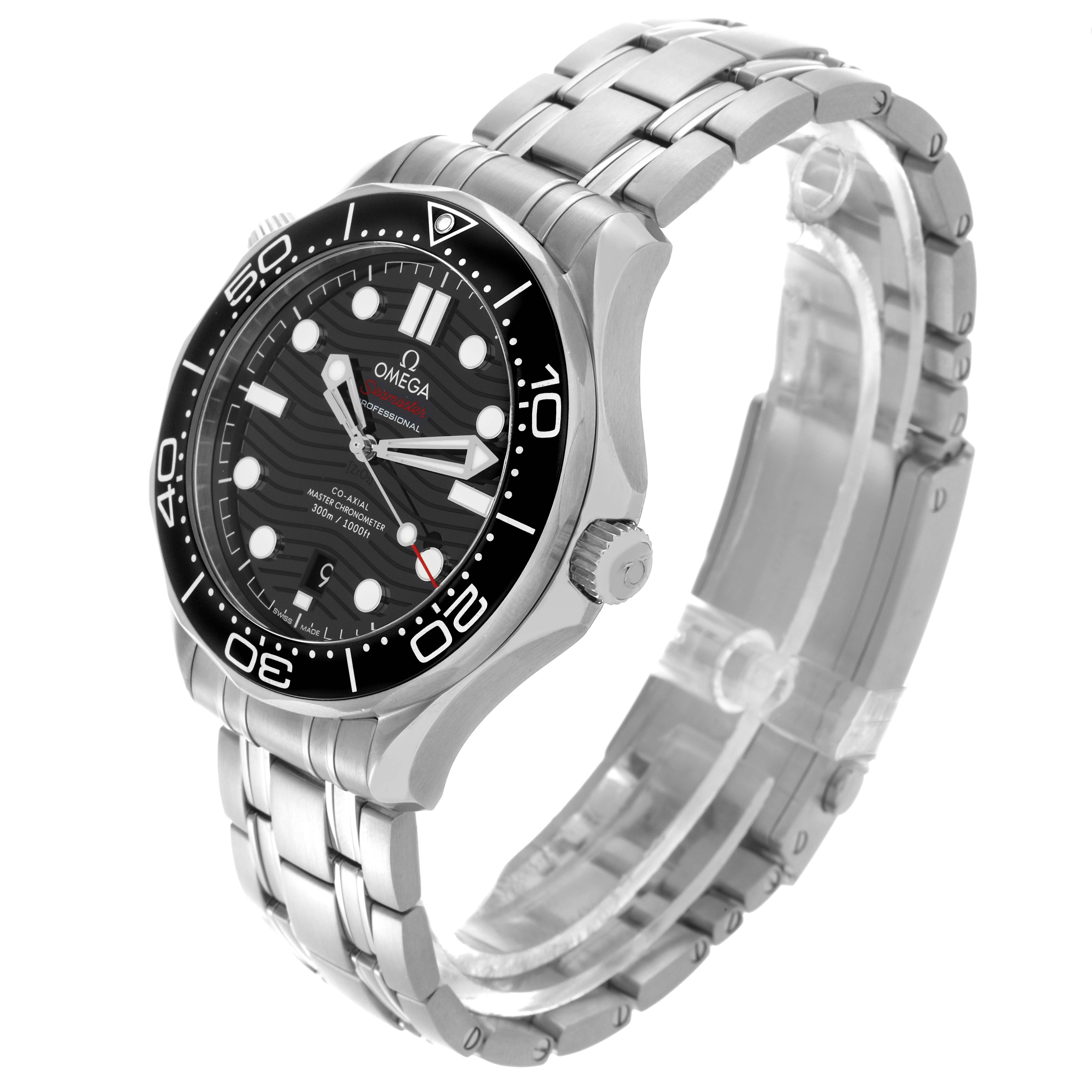 The Omega Seamaster 210.30.42.20.01.001 Men's Stainless Steel Black Dial 210.30.42.20.01.001 Men's Stainless Steel Black Dial watch is shown at a 3/4 angle, displaying the dial, bezel, crown, and stainless steel bracelet.
