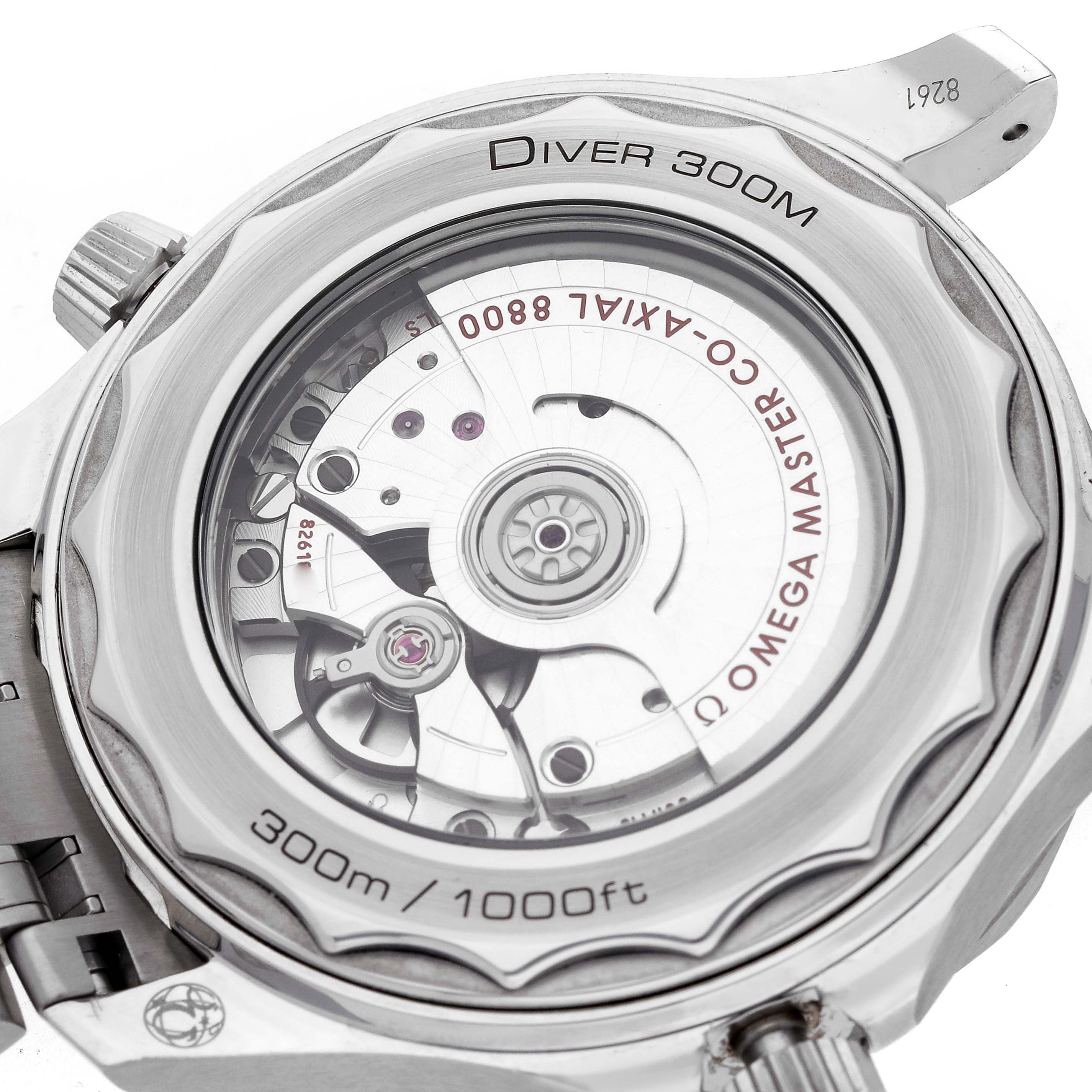 The image shows the caseback of an Omega Seamaster 210.30.42.20.01.001 Men's Stainless Steel Black Dial 210.30.42.20.01.001 Men's Stainless Steel Black Dial, highlighting the movement and inscriptions like "Diver 300M."