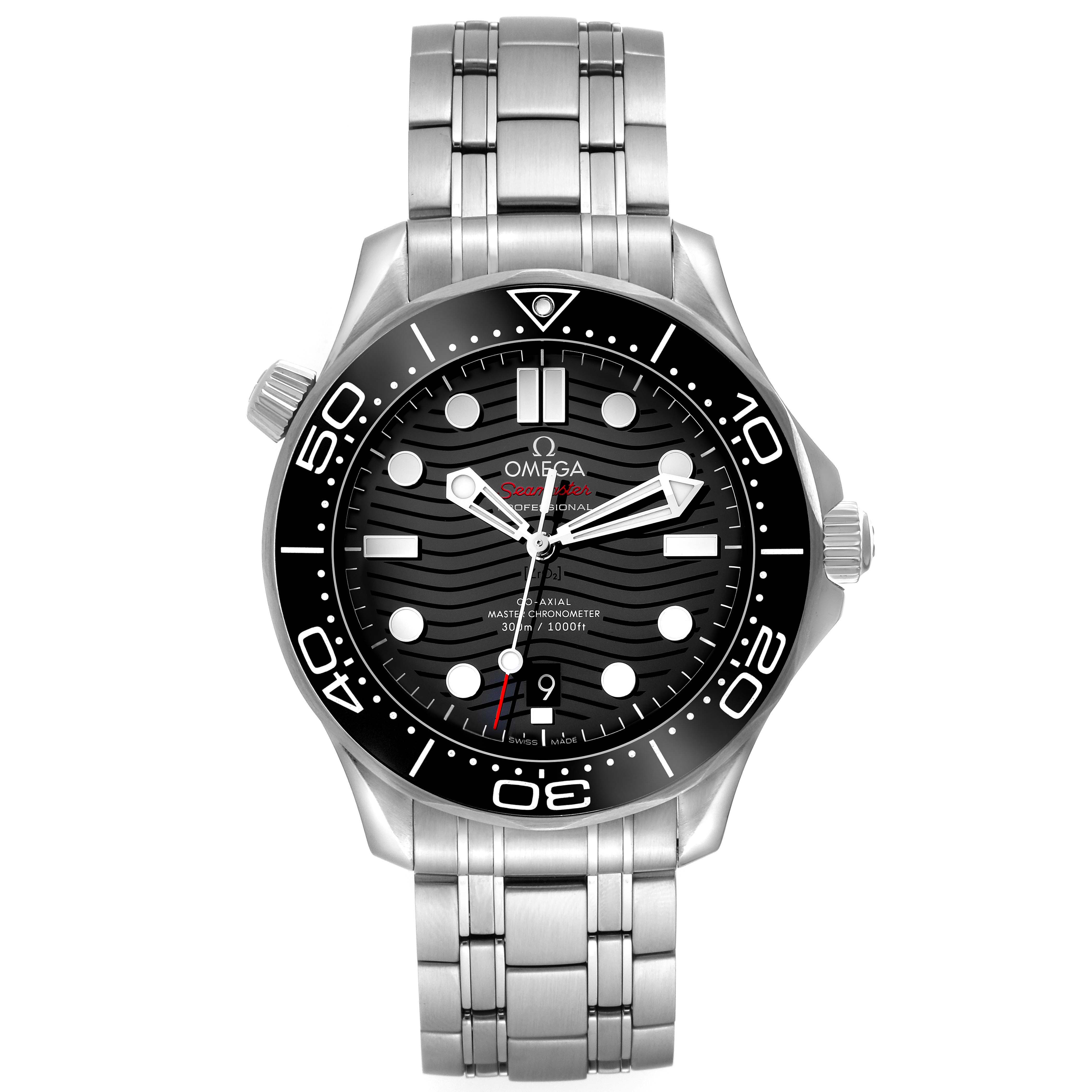 The Omega Seamaster 210.30.42.20.01.001 Men's Stainless Steel Black Dial 210.30.42.20.01.001 Men's Stainless Steel Black Dial watch is shown from a straight-on angle, highlighting its face, bezel, and stainless steel bracelet.