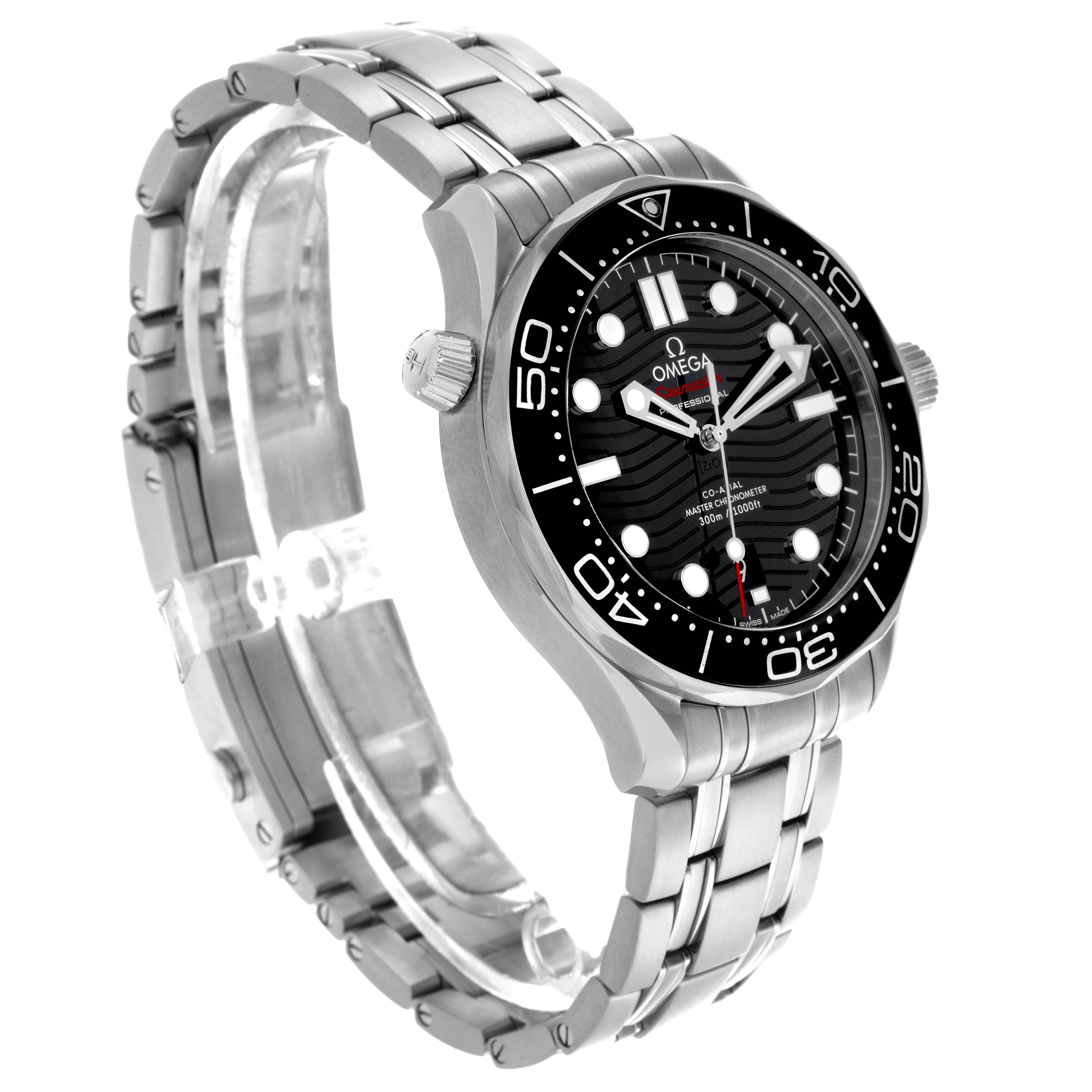 The Omega Seamaster 210.30.42.20.01.001 Men's Stainless Steel Black Dial 210.30.42.20.01.001 Men's Stainless Steel Black Dial watch is shown from a side angle, highlighting the bezel, dial, crown, and steel bracelet.