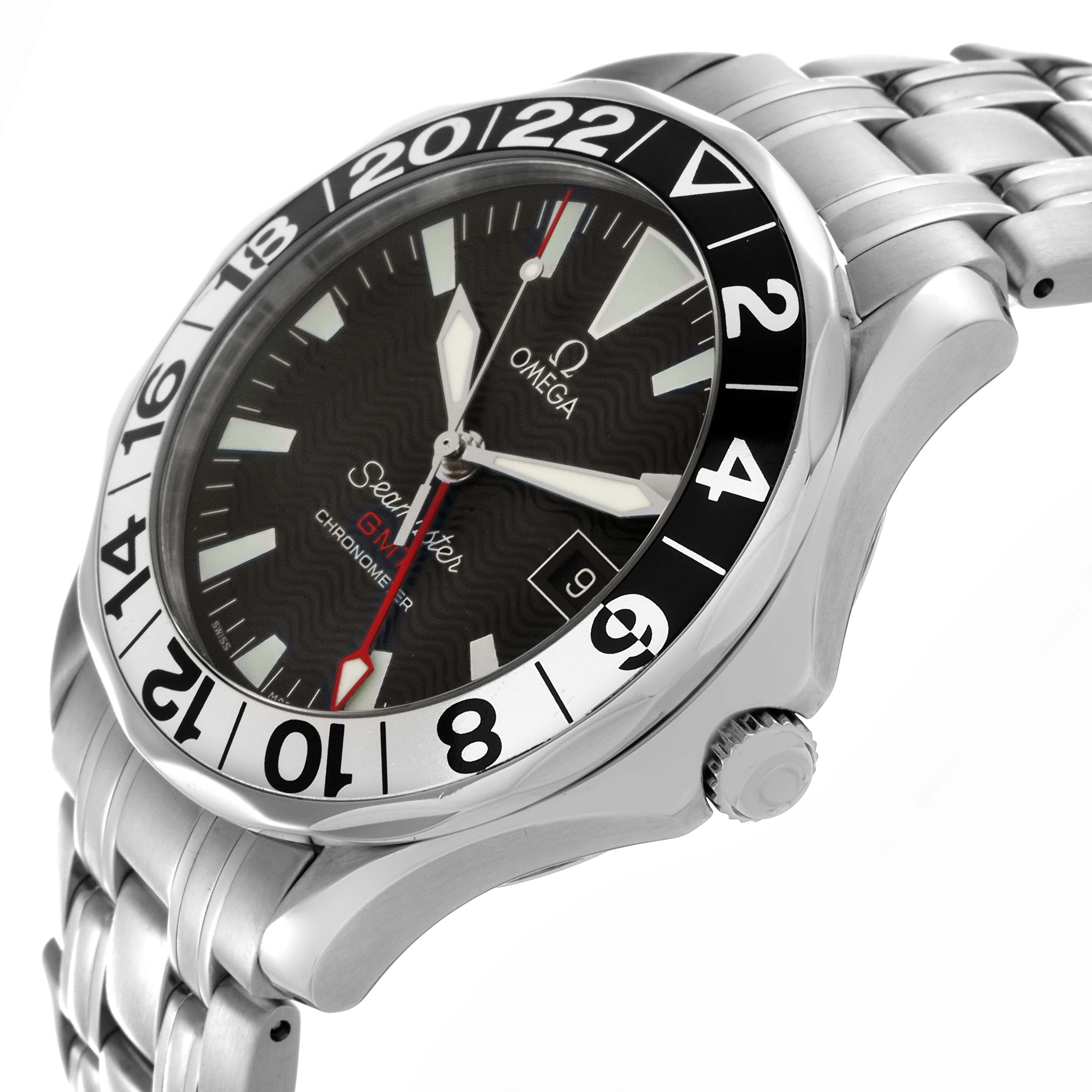 The Omega Seamaster 2534.50.00 Men
s Stainless Steel Black Dial 2534.50.00 Men
s Stainless Steel Black Dial watch is shown at a slight side angle, highlighting the bezel, dial, and stainless steel bracelet.