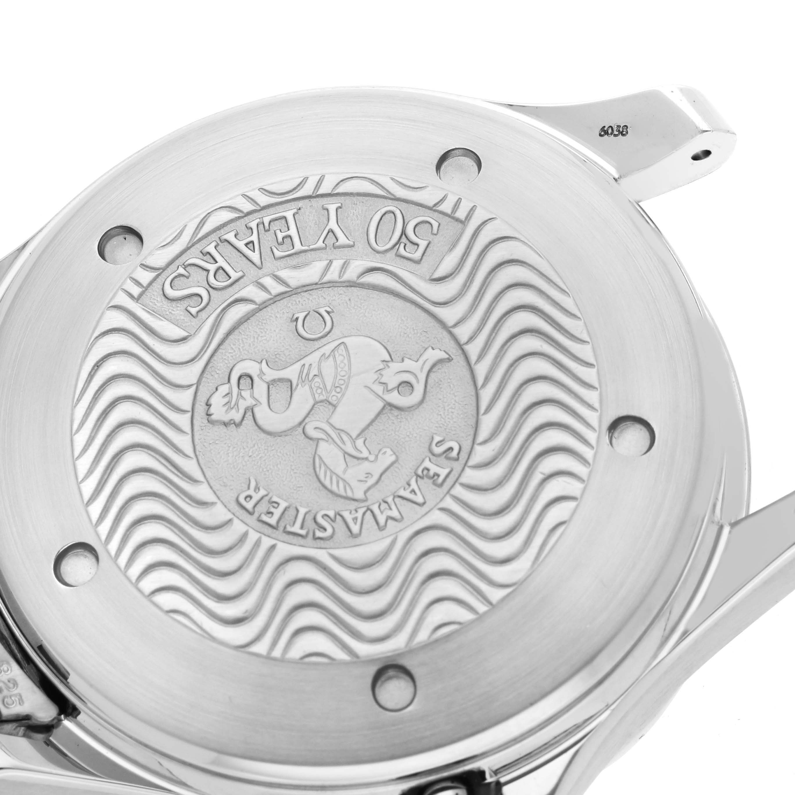 The image shows the case back of an Omega Seamaster 2534.50.00 Men
s Stainless Steel Black Dial 2534.50.00 Men
s Stainless Steel Black Dial watch, featuring engraved details and a commemorative design for "50 Years."