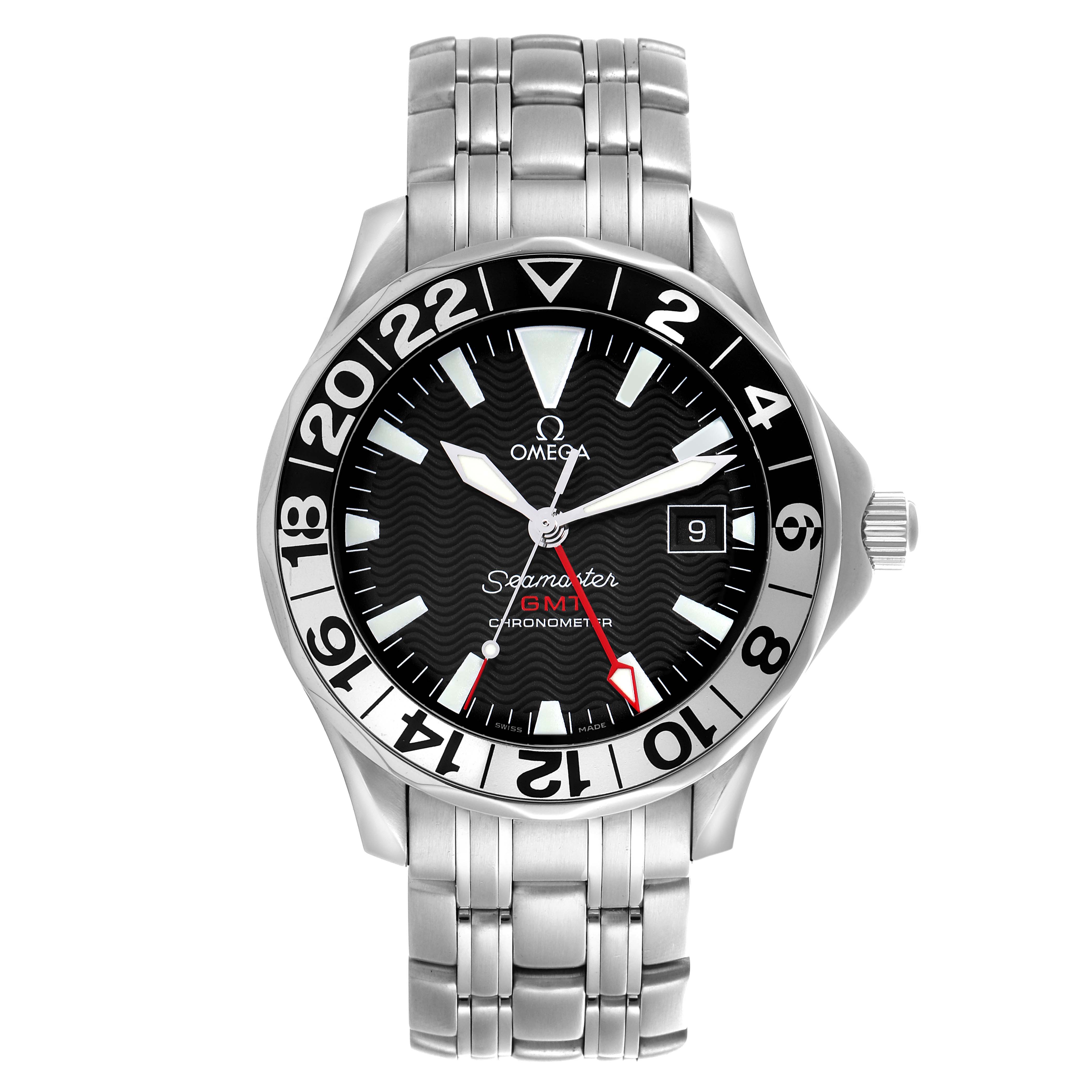 The Omega Seamaster 2534.50.00 Men
s Stainless Steel Black Dial 2534.50.00 Men
s Stainless Steel Black Dial watch is shown from the front, highlighting the face, bezel, and stainless steel bracelet.