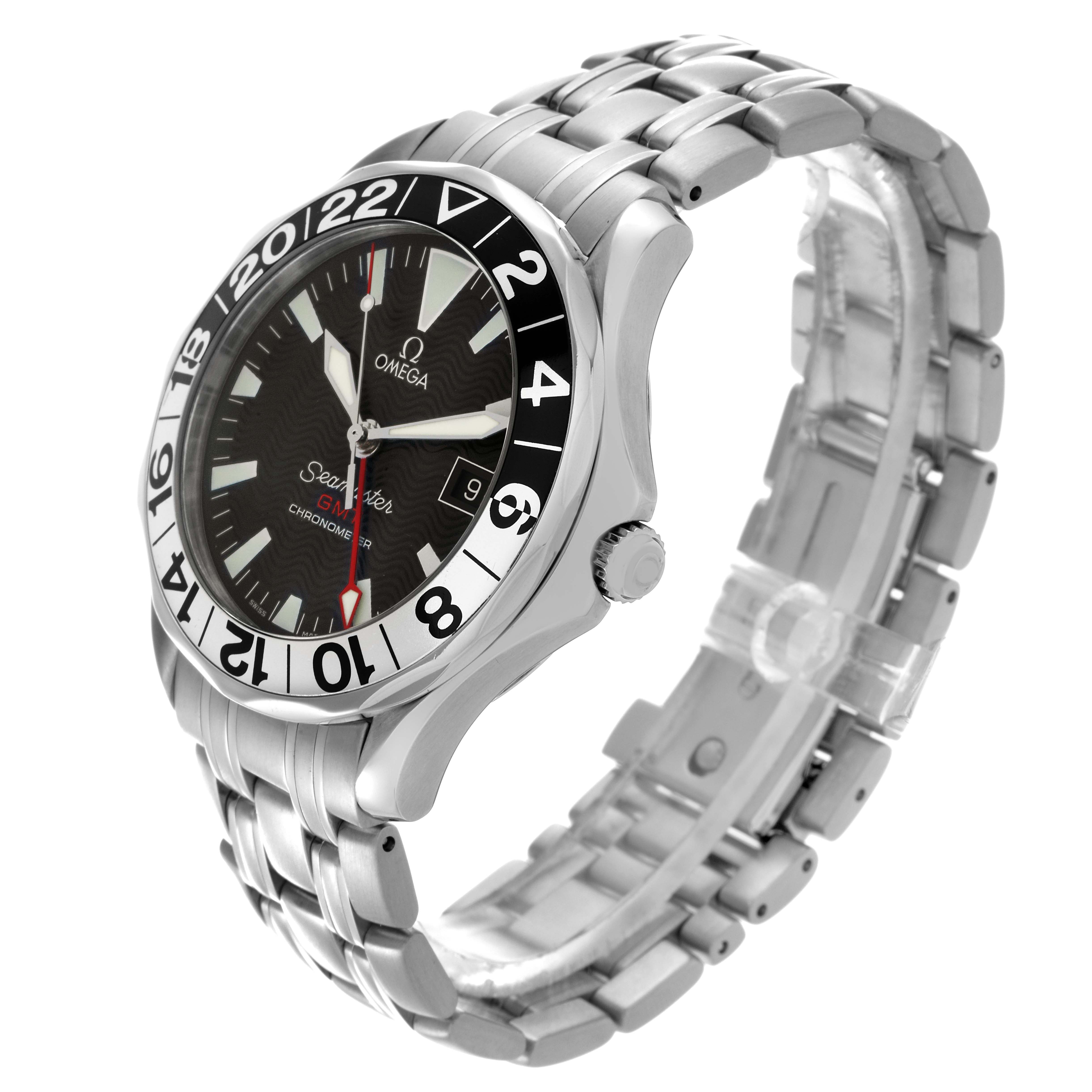 The Omega Seamaster 2534.50.00 Men
s Stainless Steel Black Dial 2534.50.00 Men
s Stainless Steel Black Dial watch is shown at a three-quarter angle, displaying its face, bezel, bracelet, and crown.