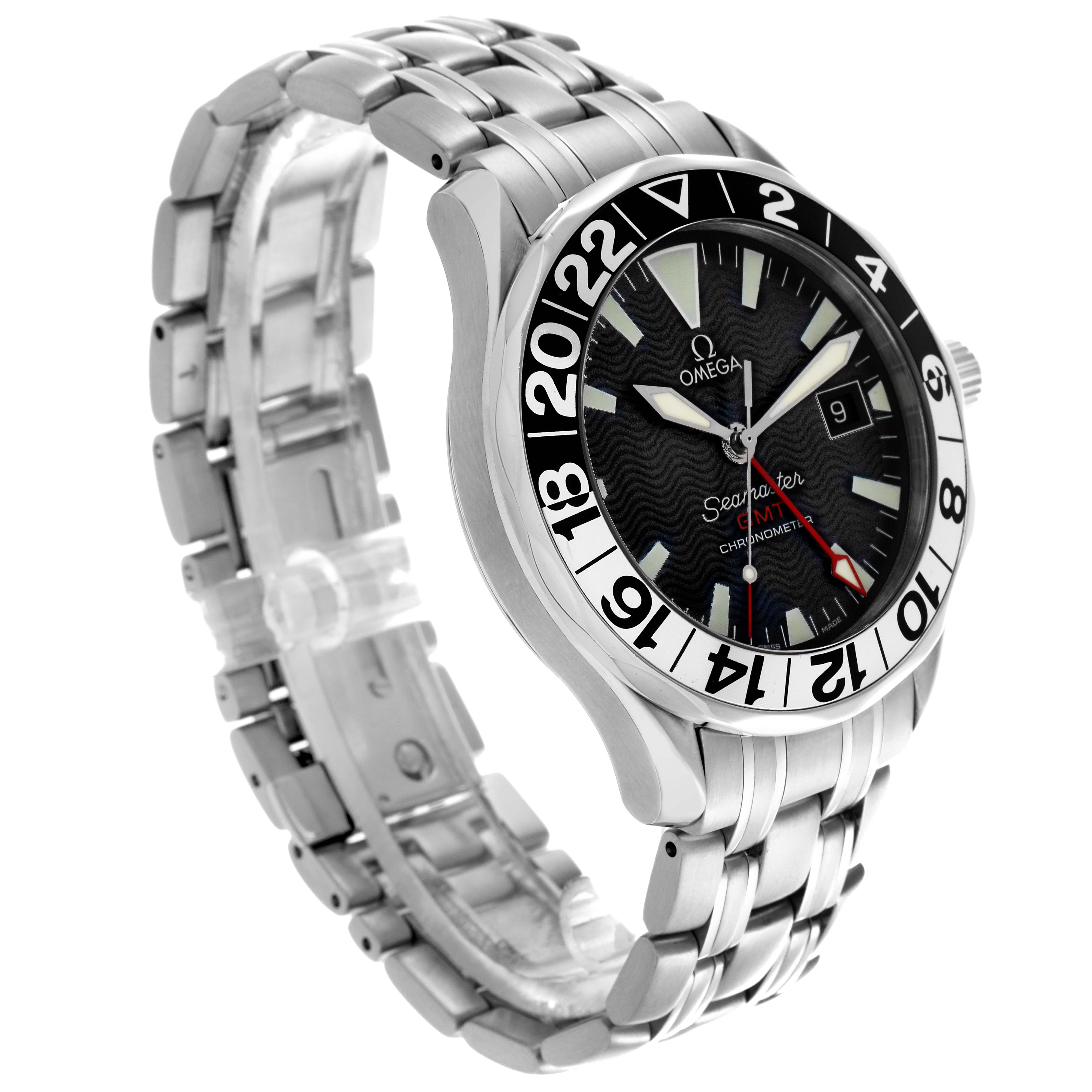 The Omega Seamaster 2534.50.00 Men
s Stainless Steel Black Dial 2534.50.00 Men
s Stainless Steel Black Dial watch is shown at a three-quarter angle displaying the face, bezel, crown, and metal bracelet.