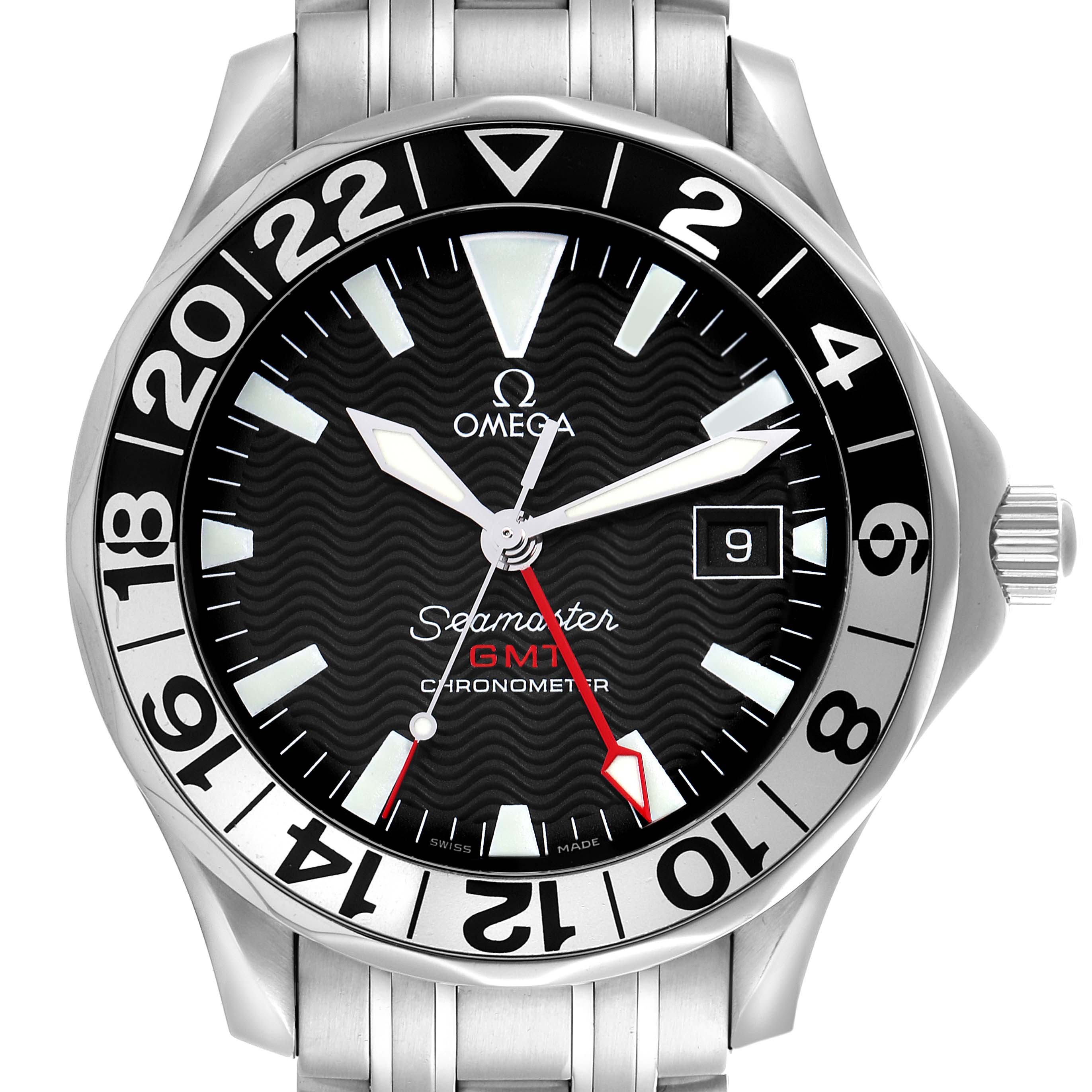 The Omega Seamaster 2534.50.00 Men
s Stainless Steel Black Dial 2534.50.00 Men
s Stainless Steel Black Dial watch is shown from a front angle, highlighting the dial, hands, date window, and bezel.