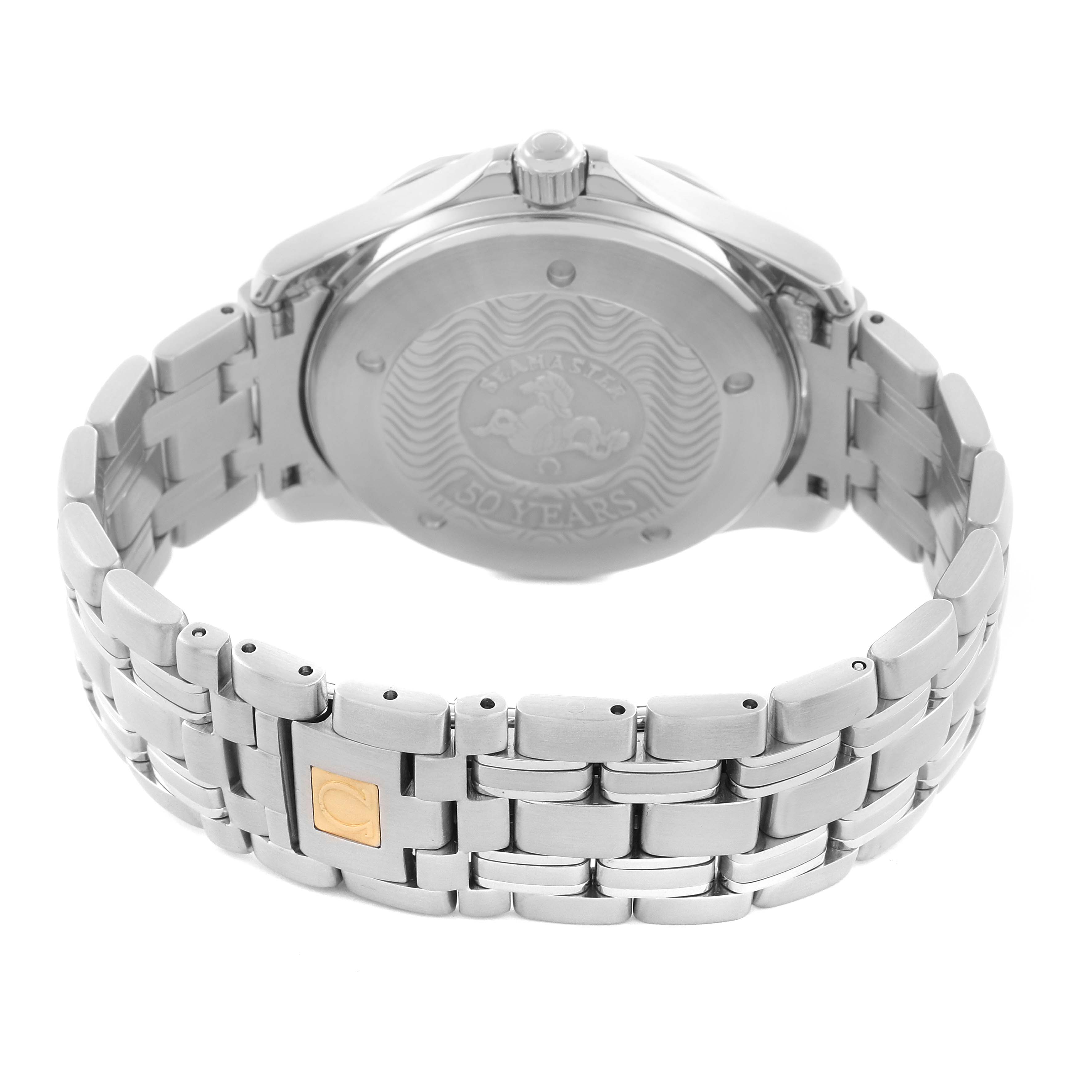 The Omega Seamaster 2534.50.00 Men
s Stainless Steel Black Dial 2534.50.00 Men
s Stainless Steel Black Dial watch is shown from the back, highlighting the case back, bracelet, and clasp.